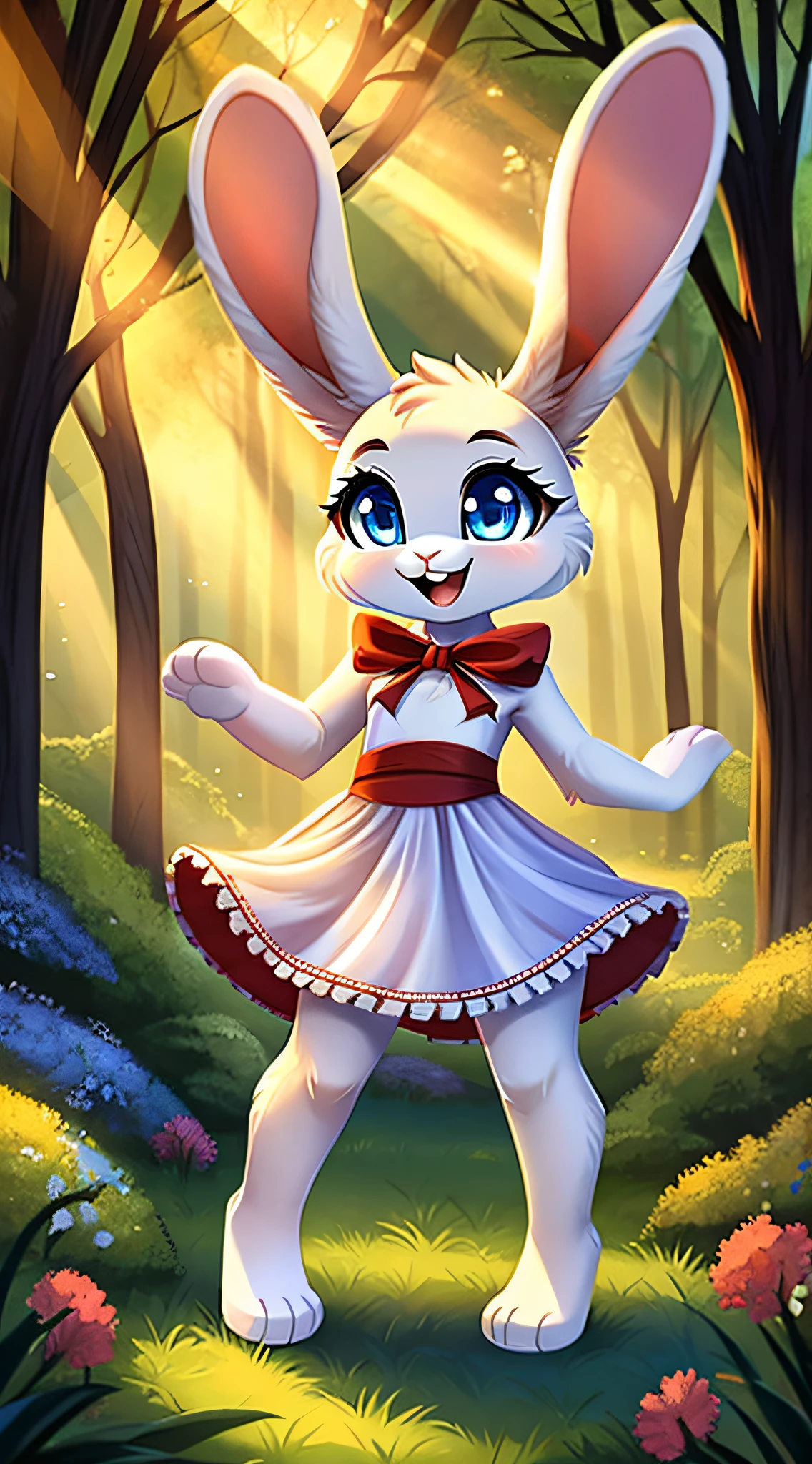 fantasy style art, cute, adorable, a short adorable little fluffy female white bunny with blue eyes, 4 ears, 2 extra ears, big floppy ears, ears perked up, long ears, raised ears, small breasts, long eyelashes, poofy rabbit tail, wearing a frilly red ribbon dress, smiling, standing in a thick forest, big expressive smile, happy to see you, open mouth, wide eyes, excited eyes, excited face, stunning visuals, sunlight coming through the trees, digital illustration