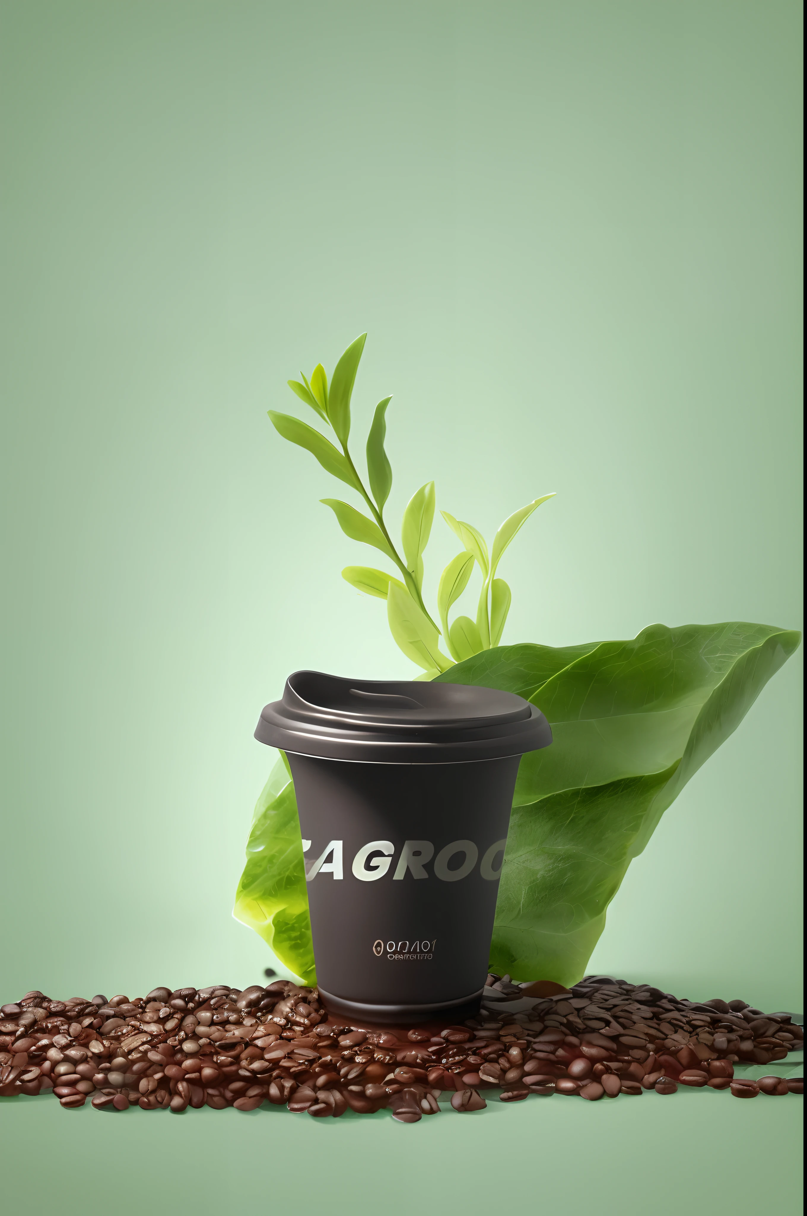 Black coffee cup,coffee bean,steins,green plant,Pale color background,Official image of the product