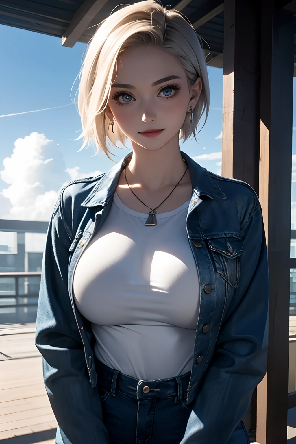 1girl in, Solo, Android 18, Silver blonde hair, Blue eyes, Short hair, Jewelry, earrings, Smile, Jacket, Looking to the side, denim, Denim jacket, Upper body, makeup、cloud, skyporn, day, Looking away, Blue sky, 鎖骨, Leather Mini Skirt、Amitant、Full body painting of boots、A MILF, very Bigger breasts，busty figure, fleshy feeling, Sweat profusely, perfect  detail, High-resolution fine textures, depth of field effect, Vivid lighting effects, lightand shade contrast, Ray tracing and flare effects, Best texture, A futuristic, Genre painting、