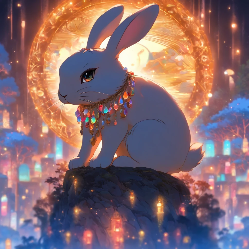 [[Bunny black opal pendant：1.8]] Gold wire woven bunny shape pendant，Rabbit shape， Moon pendant wrapped in wire，There are opal beads， Beautifully structured，High contrast lens, macro photograph, Ukiyo-e, Depth of field, Masterpiece, Super detail, High details, High quality