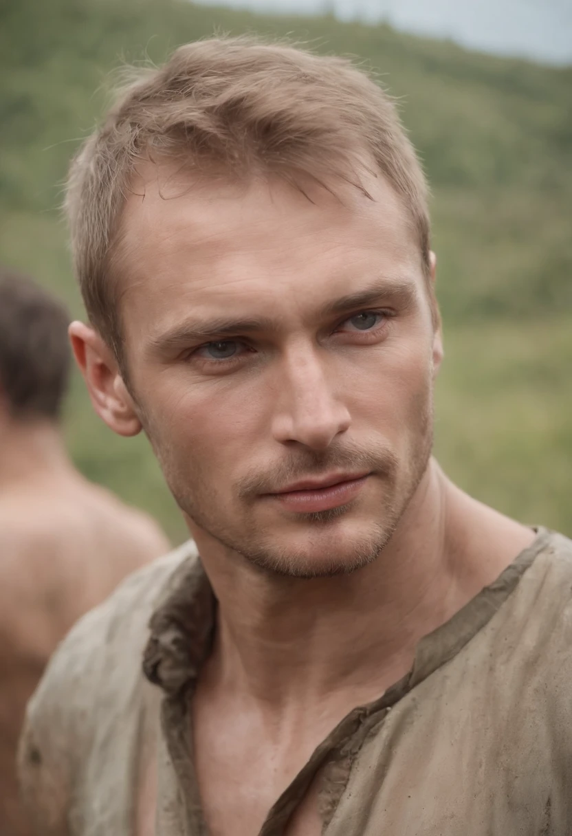 A handsome (Russian) peasant, mature man, charming, muddy, dirty, wet, raunchy outfit, provocative portrait, perfect face, (posing in an extremely explicit pose:1.2), (homoerotic:1.2), tall and burly, toned body, qualidade 8K, absurd textures details and quality