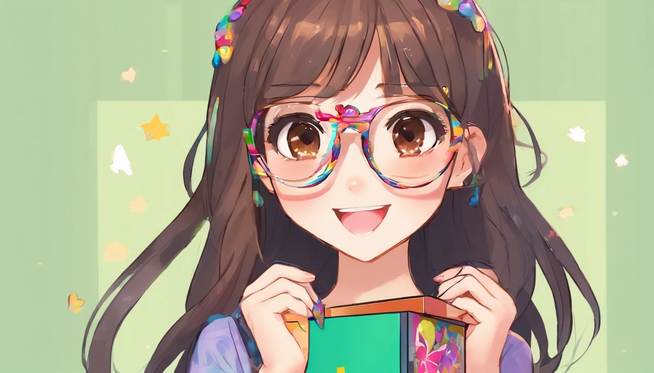 a black, long hair girl with brown eyes whit eyeglasses, happy that open a surprise box