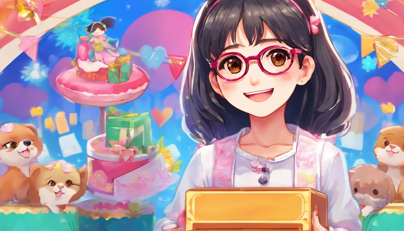 a black, long hair girl with brown eyes whit eyeglasses, happy that open a surprise box