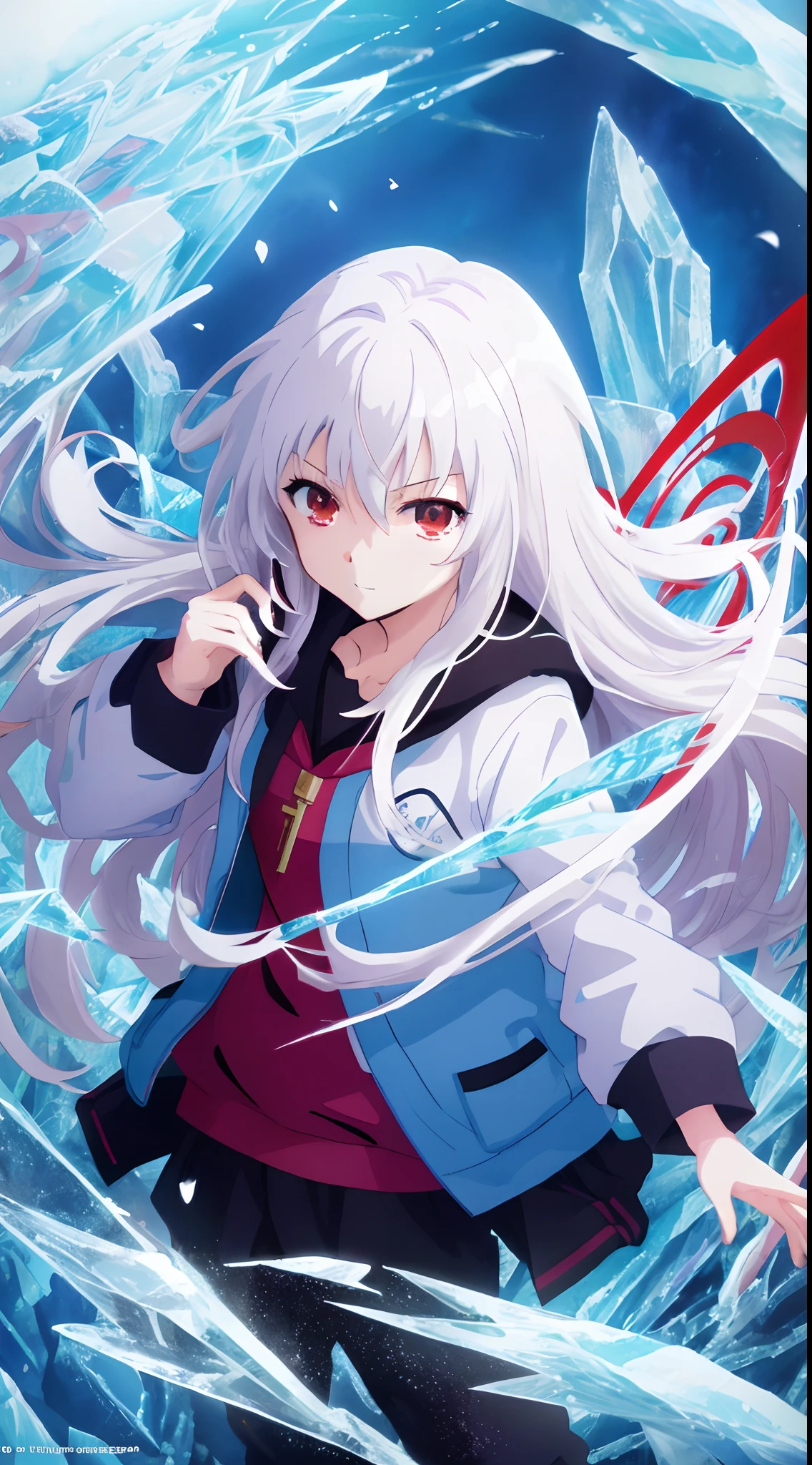 anime girl with long white hair and red eyes holding a ice sword, ice magic circle, best anime 4k konachan wallpaper, white haired deity, zerochan art, anime art wallpaper 8 k, anime style 4 k, ufotable art style, detailed key anime art, anime art wallpaper 4 k, anime art wallpaper 4k, ryuko matoi, white haired, anime wallaper