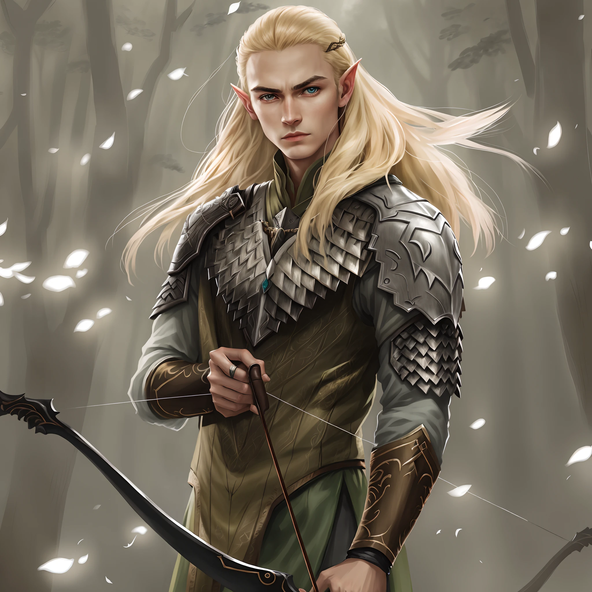 A woman walks through the forest with a bow and a bow, Legolas as Elven Ranger, Elven blonde warrior, Legolas, beautiful male elf, elven male, Male Blonde Elf Ranger, Similar to Legolas, Legolas from "lord of the rings", эльфа Elden Ring, The Greatest Elven Warrior, a male elf, kali