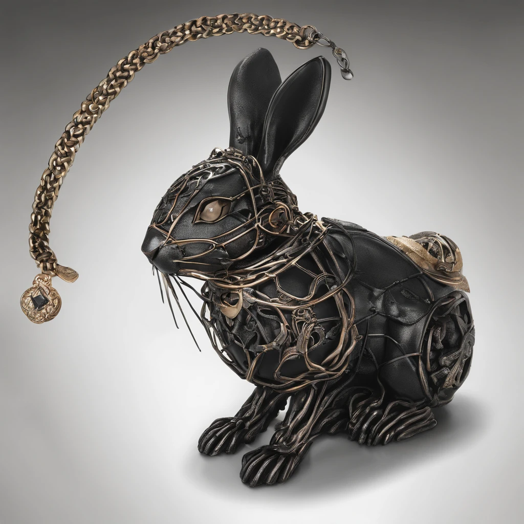 [[Bunny black opal pendant：1.8]] Gold wire woven bunny shape pendant，Rabbit shape， Moon pendant wrapped in wire，There are opal beads， Beautifully structured，High contrast lens, macro photograph, Ukiyo-e, Depth of field, Masterpiece, Super detail, High details, High quality