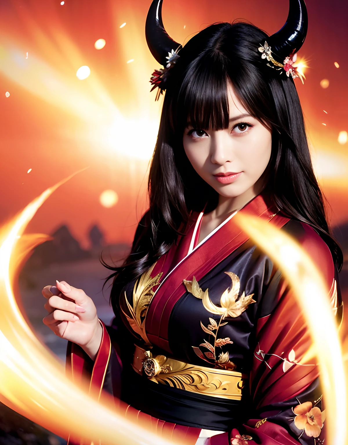 ((World of Darkness)),Professional , masterpiece、top-quality、photos realistic , depth of fields 、(sexypose)、(Black maple on the background of full bloom),(Ultimate Beauty)、A dark-haired、(shrine background)、(Kimono with beautiful pattern)、(Night background)、Beautiful hair ornament on the head、,(intense fighting),((Precipitous cliffs)),(Wear a beautiful kimono),(Wear a beautiful kimono with colorful floral patterns)、(Japan Castle Background)、Jewel Gold Weapon、Particles of light),(intense fighting)、Gorgeous gold weapons ,Castle background、(( Gorgeous Dragon Sword)) , (a dark night),,(maikurobikini) 、((Black Haired Beautiful Girl))、(Castle background)、(demonic wings)、((Gangle's forest background))、Beautiful Caucasian beauty、1a person、dynamic ungle,(((Two devil's horns on the head)))、Smaller head、Idle Smile、Thin and beautiful female hands、Mystical expression、Light Effects、intense fighting、Wind-effect、magic circles、With the legendary magic wand、Dragon's tail、