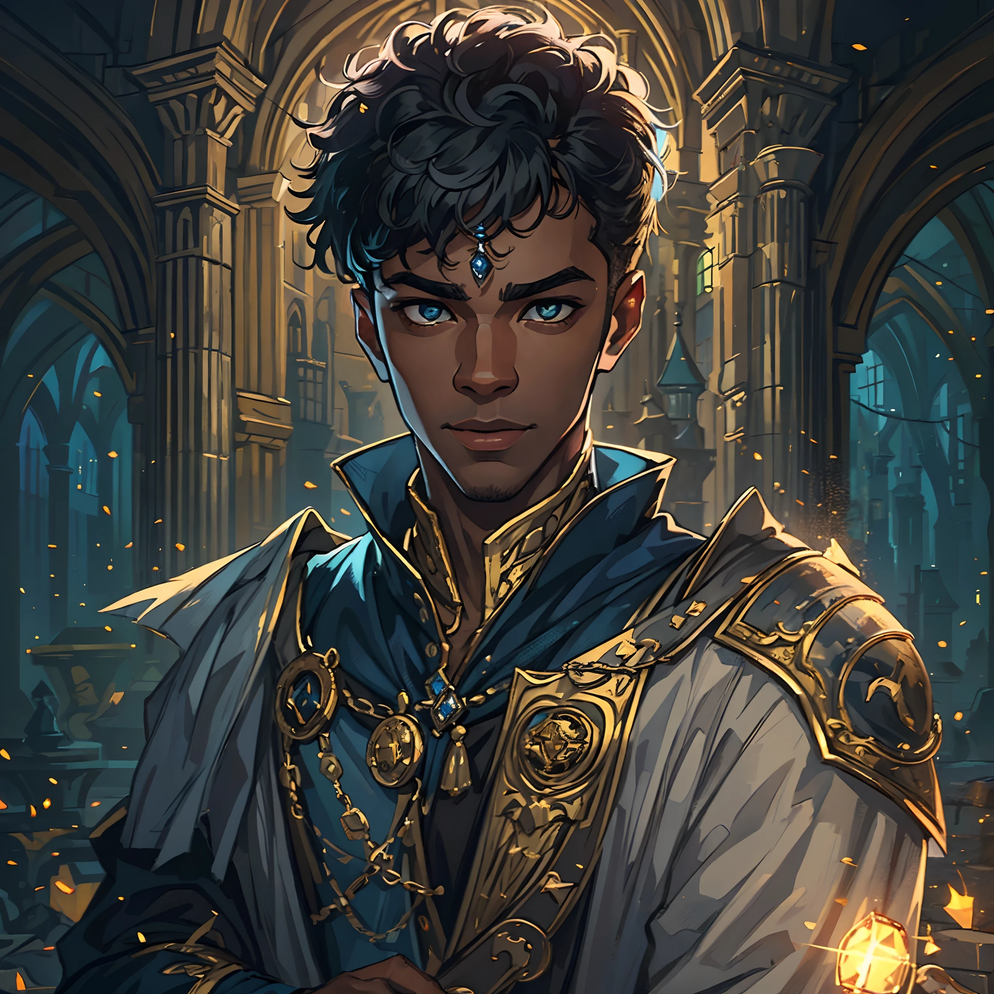 ((masterpiece,best quality)), extremely detailed 8K wallpaper, depth_of_field, best shadow, (Colorful), Close-up, 1 black man, beautiful, short curly hair, young man, confident eyes, golden eyes, confident smile, dressed in black and blue clothes like a prince, silver acessories, a fantasy character, an RPG character. Cold lighting, pale light, he is in a castle, perfect eyes, 4k, perfect details, character for a RPG, medieval RPG, ultra details