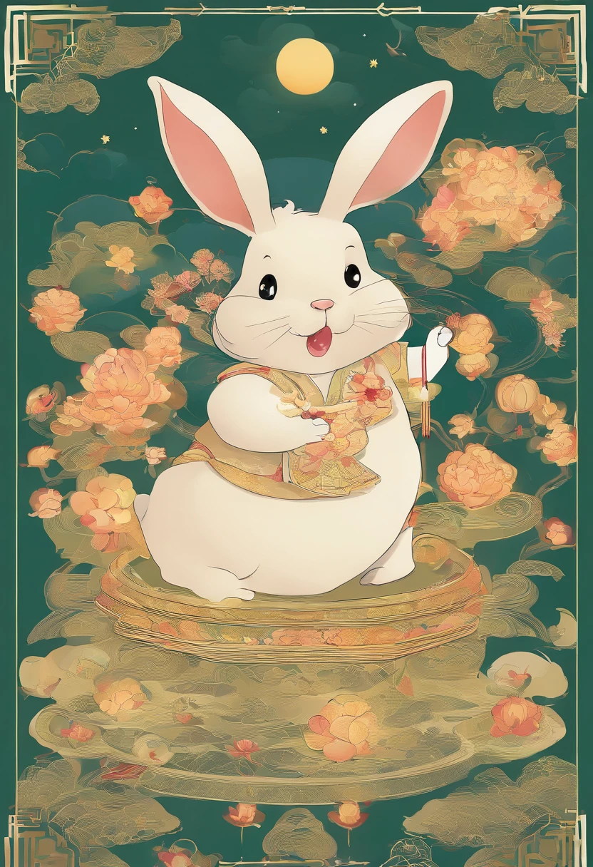 The jade rabbit of the Mid-Autumn Festival is usually depicted as a cute little rabbit，It is sometimes depicted as Chang'e's pet。It is often depicted wearing Hanfu or wearing ancient costumes，Sometimes mooncakes or osmanthus wine are held。The image of the Jade Rabbit is cute，It is regarded as one of the important elements of the Mid-Autumn Festival，It symbolizes good luck、Reunion and longevity