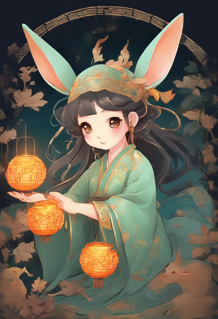 The jade rabbit of the Mid-Autumn Festival is usually depicted as a cute little rabbit，It is sometimes depicted as Chang'e's pet。It is often depicted wearing Hanfu or wearing ancient costumes，Sometimes mooncakes or osmanthus wine are held。The image of the Jade Rabbit is cute，It is regarded as one of the important elements of the Mid-Autumn Festival，It symbolizes good luck、Reunion and longevity
