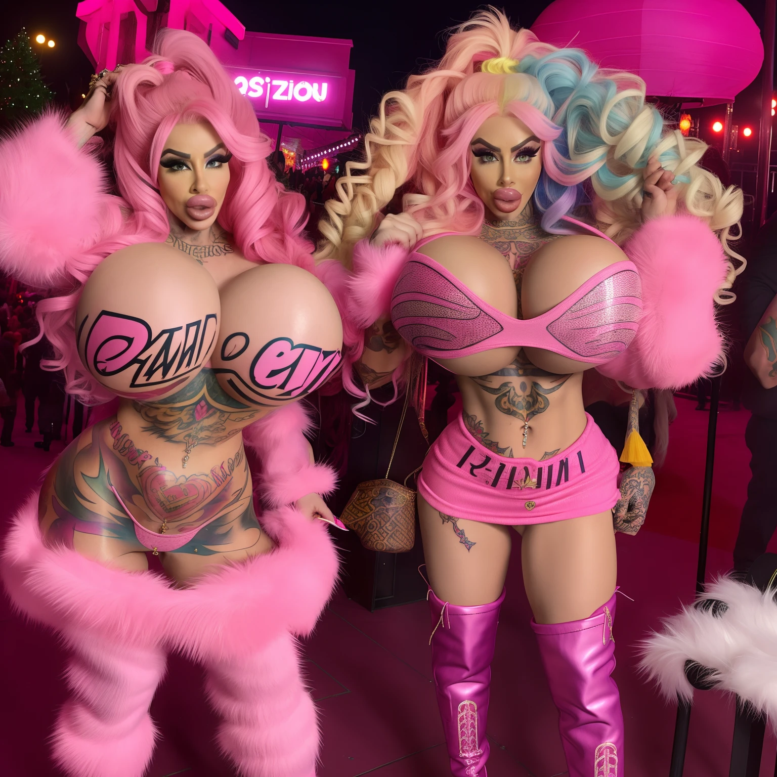 Bimbos, milfs, cougars, psytrance, rave, ahegao, trannies, cheap prostitutes, dominatrix, shemales, trashy, extremely fake silicone bimbos, fake bimbodolls, dumb, slutty, several, fake bimbodolls, Harley Quinn, clown, Arabic, belly dancer, multiple bimbos, fake lips, huge fake lips, fake breasts, fake booty, very fake tan, tattoos, hair extensions, very long hair, curls, multi colored hair, dyed hair in many colors, false eyelashes, long eyelashes, drawn on eyebrows, thigh high boots, louis Vuitton bag, long fingernails, face tattoos, midriff, bellybutton piercing, very skinny, pouty lips, botox, short skirt, tongue out, cross-eyed, camouflage crop top, fur clothes, pink fur, pink, glitter, bimbosluts, heavily tattooed, walking, red light district, public, busy street, outside, full body view, face detail, high quality, bystanders