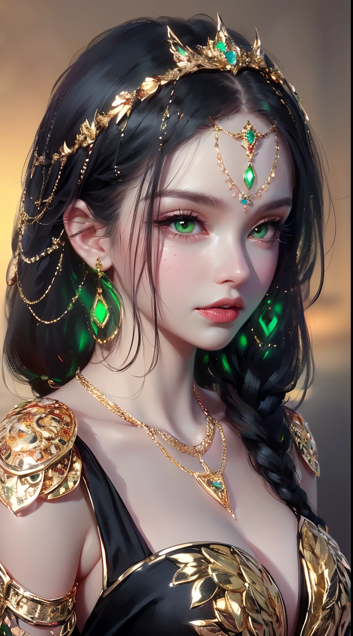 1 beautiful young princess, ((beautiful princess no longer a child:1.8)), ((wearing a black armored dress with gold trim in ancient hanfu style:1.6)), (((Exquisite patterns on the skirt:1.6))), ((braided hair with long black bangs: 1.6)), ((long bangs:1.6)), ((hair jewelry:1.9)), ((upper body gold jewelry:1.9)), ((Very delicate gold necklaces:1.7)), ((earrings with emeralds:0.8)), noble, noble style of an extremely beautiful girl, super cute little face, very pretty face, fur thin eyebrows, flawless beautiful face, ((black eye pupils: 0.8)), very beautiful eyes, ((green eyes eyes: 1.6)), beautiful makeup and detailed hairdo, eyelashes, eye makeup wet, high nose, earrings, red lips, ((closed mouth: 1;5 )) beautiful lips, slim hands, ((arms spread out to the sides: 1.7)), rosy face, clean face, flawless beautiful face, smooth white skin, firm breasts, nice cleavage, ((super big and round breasts: 1.6)), beautiful breasts, perfect body, ((Sit back and puff out your chest, arms behind you:1.6)), 8k photos, super high quality, super realistic, super 10x pixels, optical, bright studio, bright edges, two-tone lighting, (high detail skin:1.2), super 8k, soft lighting , high quality, volumetric light, optical, optical high resolution, light, best photo, 4k, 8k quality, blur effect, smooth sharpness, 10 x pixels, ((beach at night background:1.5)), aurora, lightning, super realistic graphics, most realistic graphics, alone, solo, Extremely sharp, surreal images, (((frontal portrait: 1.3)))."