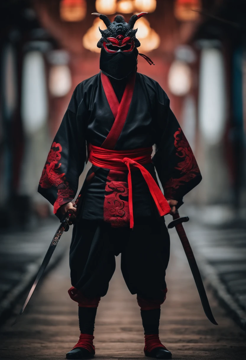 a ninja with a Japanese oni mask, com uma roupa preta, menacingly
