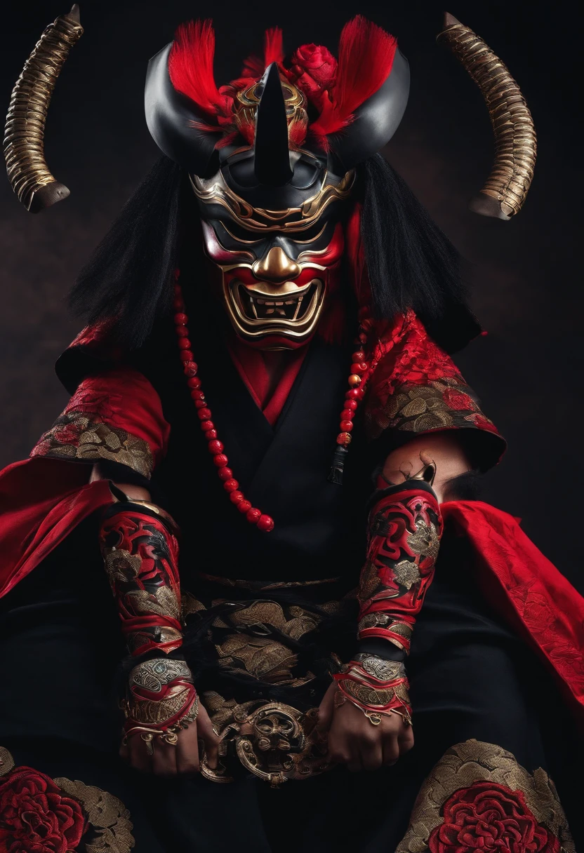a ninja with a Japanese oni mask, com uma roupa preta, menacingly
