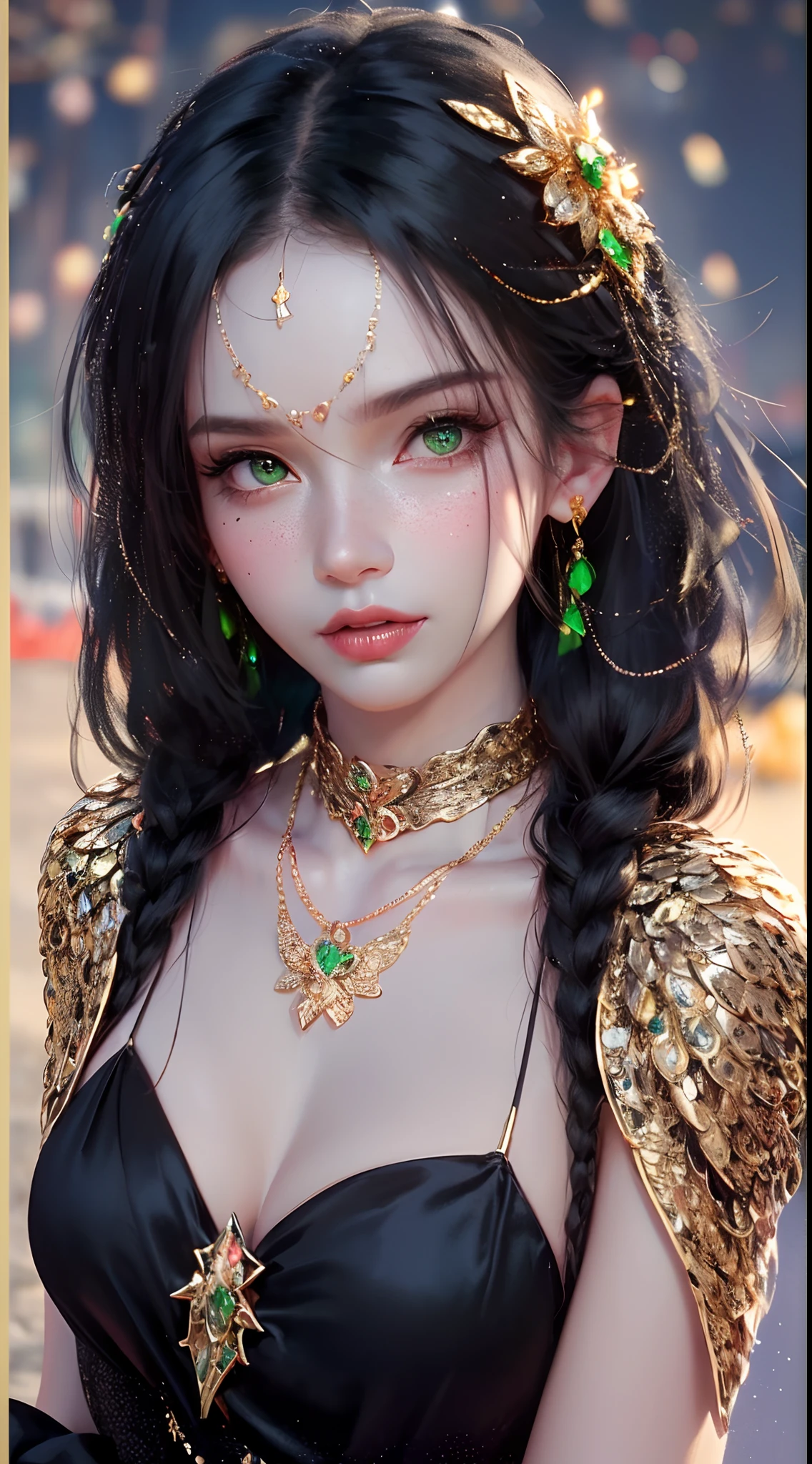 1 beautiful young princess, ((beautiful princess no longer a child:1.8)), ((wearing a black armored dress with gold trim in ancient hanfu style:1.6)), (((Exquisite patterns on the skirt:1.6))), ((braided hair with long black bangs: 1.6)), ((long bangs:1.6)), ((hair jewelry:1.9)), ((upper body gold jewelry:1.9)), ((Very delicate gold necklaces:1.7)), ((earrings with emeralds:0.8)), noble, noble style of an extremely beautiful girl, super cute little face, very pretty face, fur thin eyebrows, flawless beautiful face, ((black eye pupils: 0.8)), very beautiful eyes, ((green eyes eyes: 1.6)), beautiful makeup and detailed hairdo, eyelashes, eye makeup wet, high nose, earrings, red lips, ((closed mouth: 1;5 )) beautiful lips, slim hands, ((arms spread out to the sides: 1.7)), rosy face, clean face, flawless beautiful face, smooth white skin, firm breasts, nice cleavage, ((super big and round breasts: 1.6)), beautiful breasts, perfect body, ((Sit back and puff out your chest, arms behind you:1.6)), 8k photos, super high quality, super realistic, super 10x pixels, optical, bright studio, bright edges, two-tone lighting, (high detail skin:1.2), super 8k, soft lighting , high quality, volumetric light, optical, optical high resolution, light, best photo, 4k, 8k quality, blur effect, smooth sharpness, 10 x pixels, ((beach at night background:1.5)), aurora, lightning, super realistic graphics, most realistic graphics, alone, solo, Extremely sharp, surreal images, (((frontal portrait: 1.3)))."