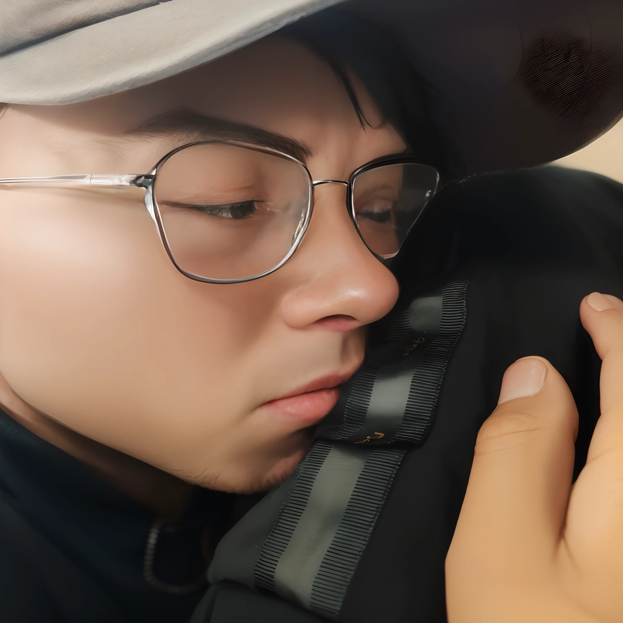 A handsome guy with glasses and a hat sleeps on his stomach on a table