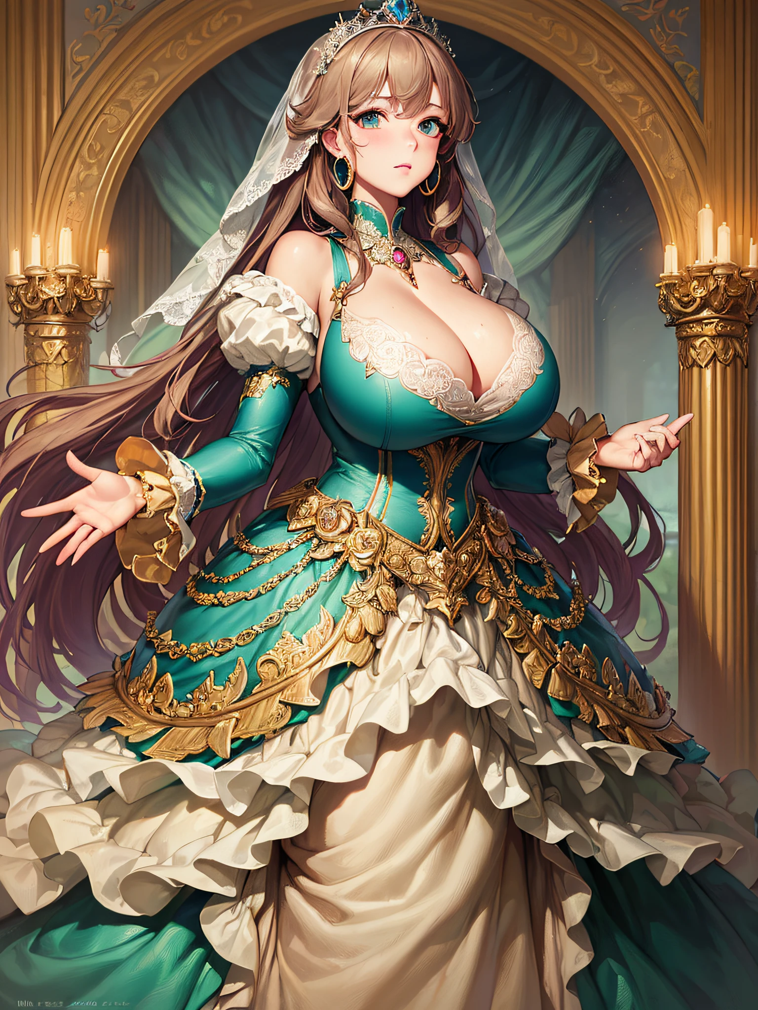 (masterpiece, best quality,extremely detailed:1.1),(moe anime art style:1.3),1 girl,((full body portrait)),standing in palace of versailles,((solo)),cute,kawaii,digital art,(((1 princess in gorgeous princess rococo ballgown with voluminous full length hoop skirt))),((crinoline)),long train,((beautiful embroidery and jeweled)),voluminous frills,See-through,(gorgeous embroidery and beautiful lace),(((gigantic tits,skindentation,cleavage))),((large amount of straight hair,extremely voluminous Hair,Very Long Straight Hair)),((finely detailed face and eyes)),clear pupil,extremely gorgeousfull hair ornament,(bling-bling jeweled extremely gorgeousfull tiara),(bling-bling gorgeous gemstone jewelry),long veil,(beautiful background),full body,((gorgeous princess rococo ballgown with voluminous full length hoop skirt))