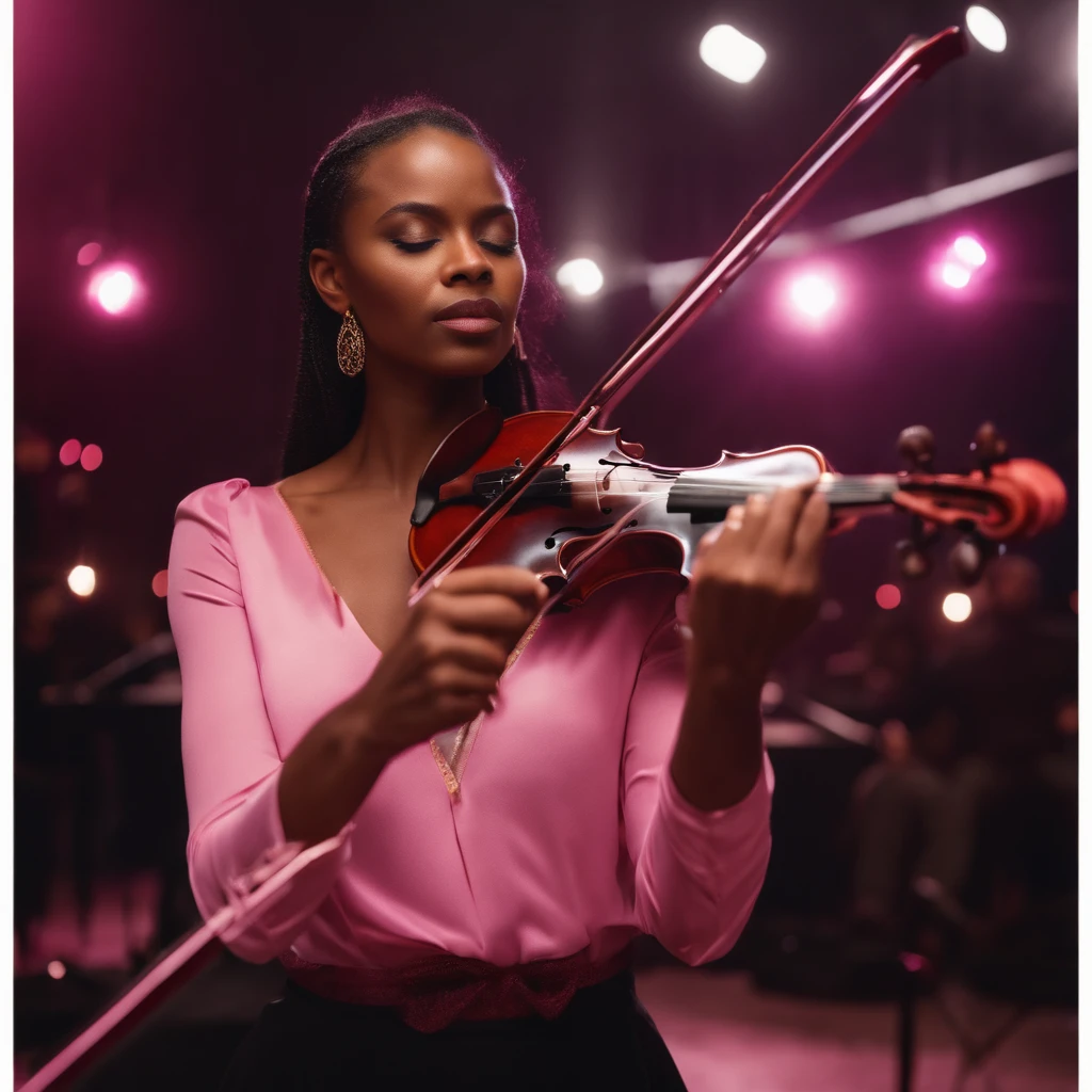 Black women, holding pink violin, pink flames everywere, orchestra melody