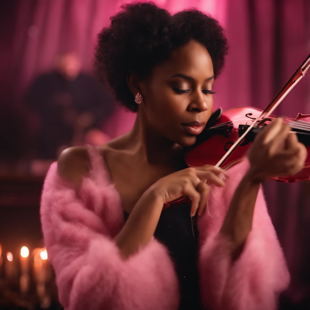 Black women, holding pink violin, pink flames everywere, orchestra melody