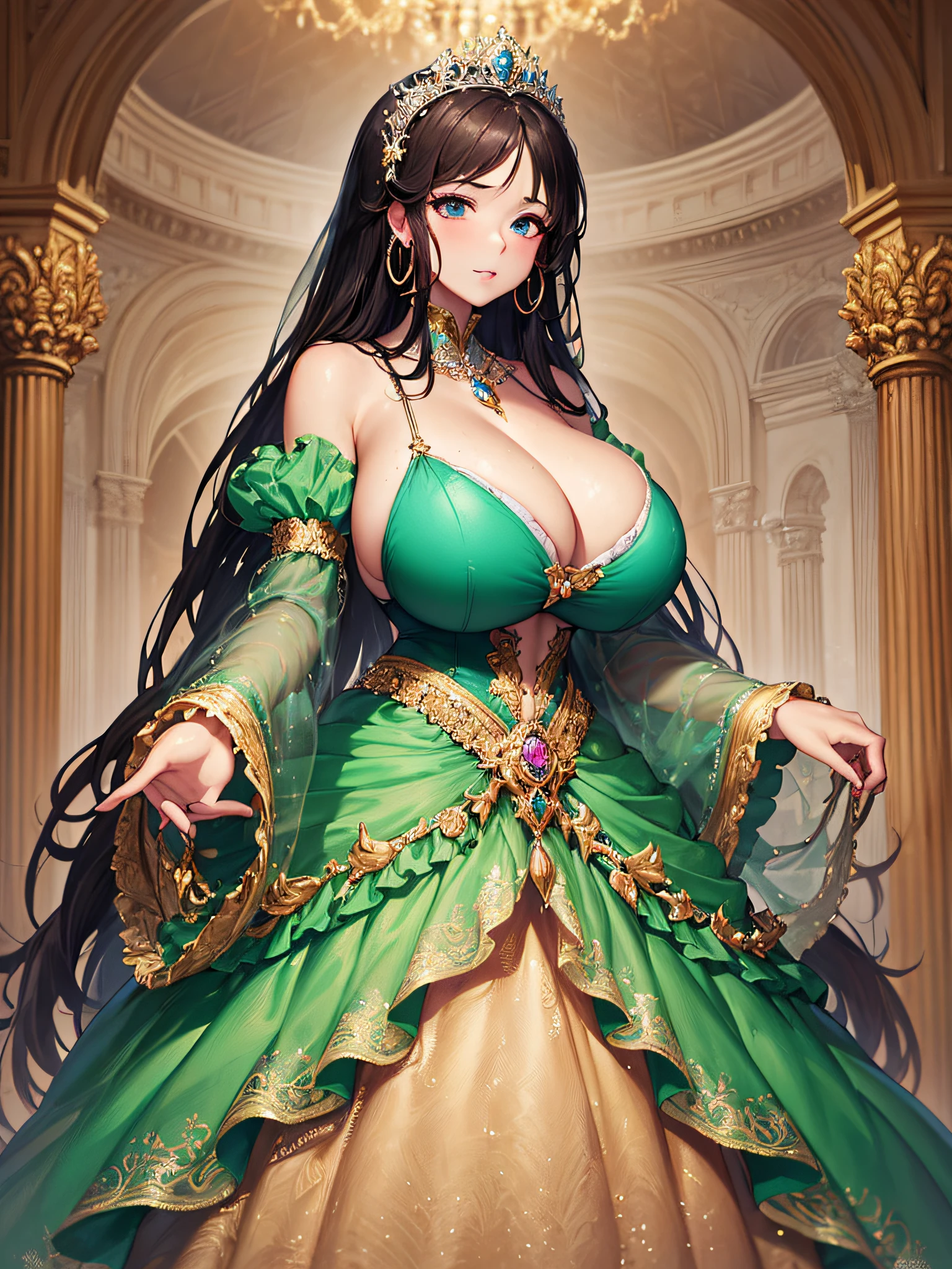 (masterpiece, best quality,extremely detailed:1.1),(moe anime art style:1.3),1 girl,((full body portrait)),standing in palace of versailles,((solo)),cute,kawaii,digital art,(((1 princess in gorgeous princess rococo ballgown with voluminous full length hoop skirt))),((crinoline)),long train,((beautiful embroidery and jeweled)),voluminous frills,See-through,(gorgeous embroidery and beautiful lace),(((gigantic tits,skindentation,cleavage))),((large amount of straight hair,extremely voluminous Hair,Very Long Straight Hair)),((finely detailed face and eyes)),clear pupil,extremely gorgeousfull hair ornament,(bling-bling jeweled extremely gorgeousfull tiara),(bling-bling gorgeous gemstone jewelry),long veil,(beautiful background),full body,((gorgeous princess rococo ballgown with voluminous full length hoop skirt))