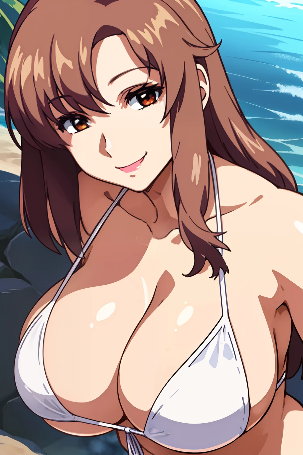 1womanl, A MILF, kindly smile, large full breasts, White Bikini, upper body, (Front composition:1.5), Beach