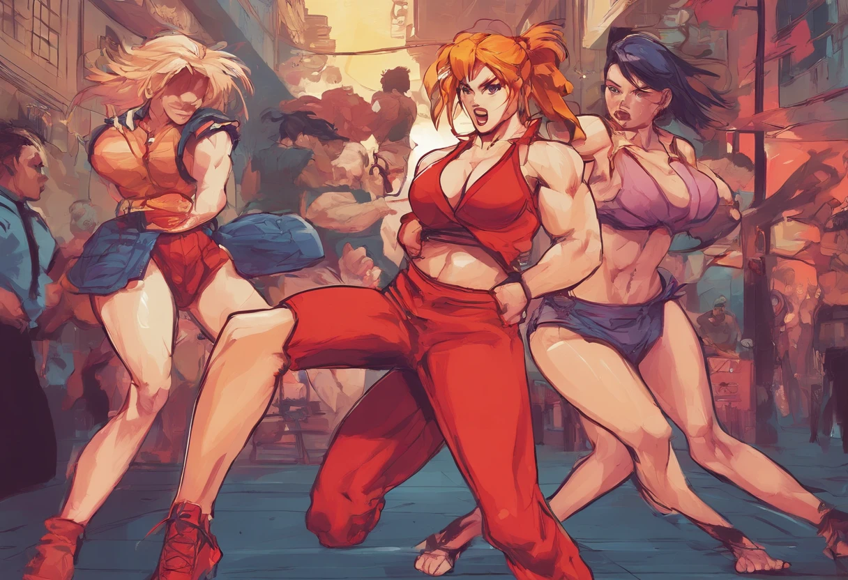 2girls,(Fight with another person:1.5),Trench coat,Bikini