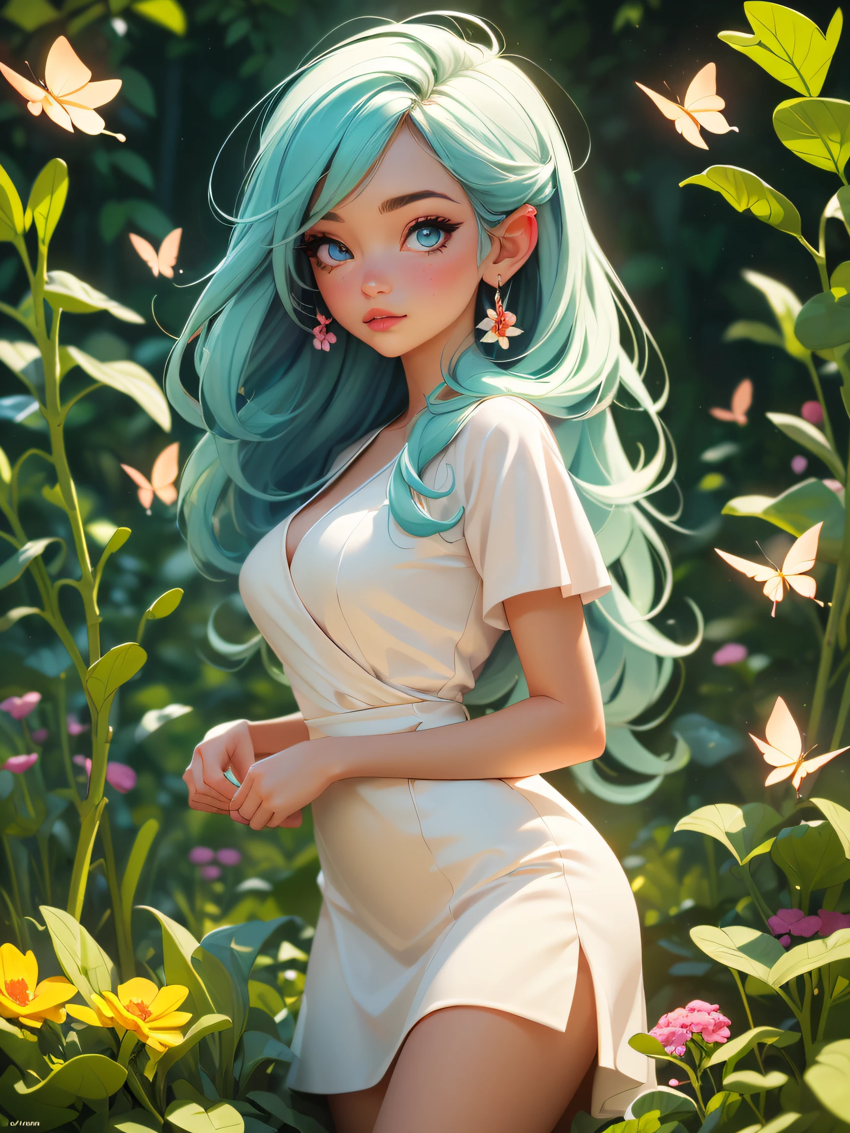 ((a close body portrait of a cute beautiful girl)), ((enjoying her time at the green vegetable garden)), ((she wears a long white dress)), ((long white straight hair), (blue eyes) and (1 flower on her right ear)), ((the area is filled with green vegetables and colorful butterflies)), capture her beauty and the scene in an expression style, high quality, best quality, best lighting effects, 8K, HD