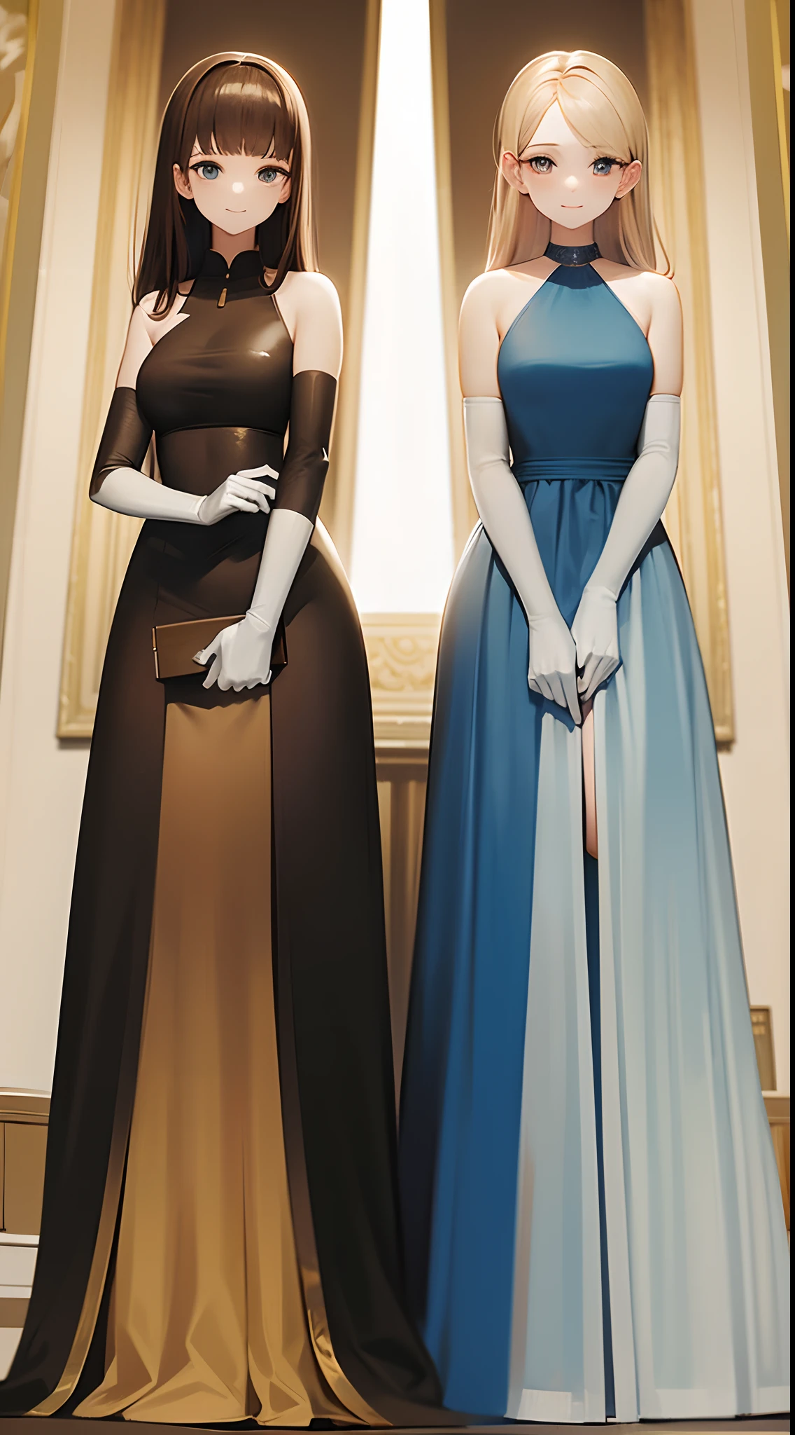 Masterpiece, high quality, 2girls, duo, 17 year old sisters, identical twins, identical sisters, brown hair, blonde hair, curly hair, matching hairstyles, hazel eyes, medium sized bust, (rich girls, rich sisters, blue ballgowns, sleeveless, bare shoulders, white gloves, elbow gloves, long dress), smile, flat_color, full body, seductive pose, duo pose, (((matching outfits)))