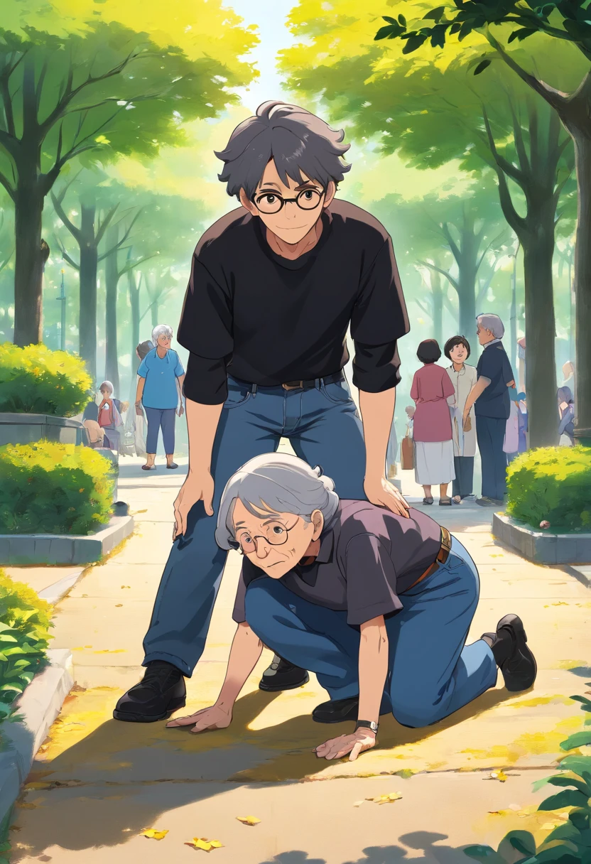 a young man helps an old woman that fell on the ground to stand up , in the park , the young man is wearing black tshirt and jeans and have a black bownish hair , the old woman is wearing an black and gray uniform , Dutch Camera Angle , Long Shot