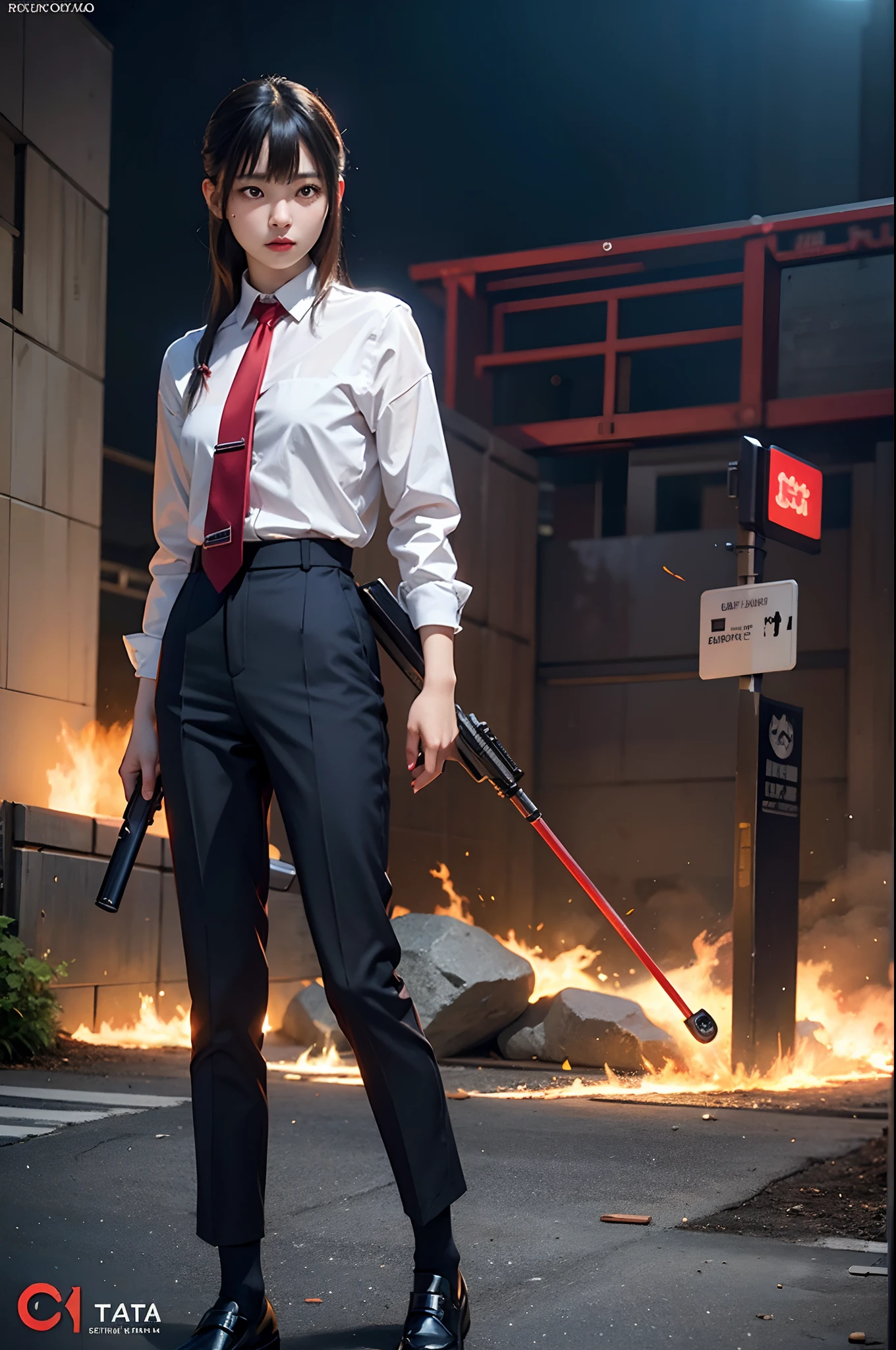 art by katsuya terada, art by range murata, art by akiman, art by JUNNY, Full body shot portrait of cute slender Young Japanese hit girl, Battle Scars, Realistic skin texture, Few moderate moles, wearing a suit, hold a gun, Red Circle nightclub in San Diego, Red and blue cinematic lighting, highly detailed, ray tracing, digital painting, concept art, smooth, sharp focus, illustration, 8k