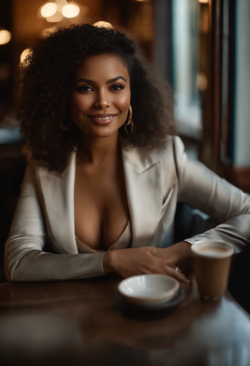 Photo brute, (effet large:1.2), African American:1.3, detailled eyes:1.1, DSLR, Lighting douux, Covered details, (cheveux nouirs:1.1), jouaillerie, sitting in an office with a coffee cup , Photo of Beautiful African-American Girl, attractif, A mixed-race skin, tatouages et piercings, Gros Buste, gros seins, Photo in the seated office The most beautiful work of art in the world, ((That's great)) , ((Tresses africaines)), curly hair, High detail, mise au point nette, dramatique, Real photo of a beautiful 24-year-old Métis woman, Métis woman , huge breasts, charme, realistic skin, realistic face, sauvage, autoritaire, provocateur, extase (beautiful detailed eyes), (Best quality), (super detailed), (Detailed face), (pose dynamique), Canon EF 85mm f/1.2L II USM, A woman sitting with her coffee in a restaurant,with a white jacket and red lips, Focus on facial expression, Mode de rue, sitting in a Parisian café, photo-realistic, ultra-realistic, ((Realistic natural skin texture)), sourire, femme puissante, Femme de 23 ans, LONGS CHEVEUX NOIRS, Seductive face, sparkle in the eye, executive, Well-dressed woman, robe de bureau, Woman holding a meeting, Best quality, dent, insane ultra hires, natural lighting, pose dynamique, Hyperrealistic, realistic lighting, high contrast, Perspective dramatique, very curved thin eyebrows ,Regarder le spectateur, Lie huge smile, ((peau claire,):1.4), gros seins, 200mm zoom lens f/1.4 (photoreallistic:1.2) (Bokeh) (Best quality) (detailed skin:1.3) (Intricate details) (8k) (Hdr) (Film analogique) (Canon D5) (lighting cinematic) (mise au point nette), perspective dramatique, natural lighting, volumetric shading, pose dynamique, Hyperrealistic lighting, Realstic, portrait, femme attrayante, African-American girl, gros seins naturels, grosses hanches, gros cul, (grain du film:1.1), (Dressed in a silver satin dress, Sans manches:1,3)), (décolleté),