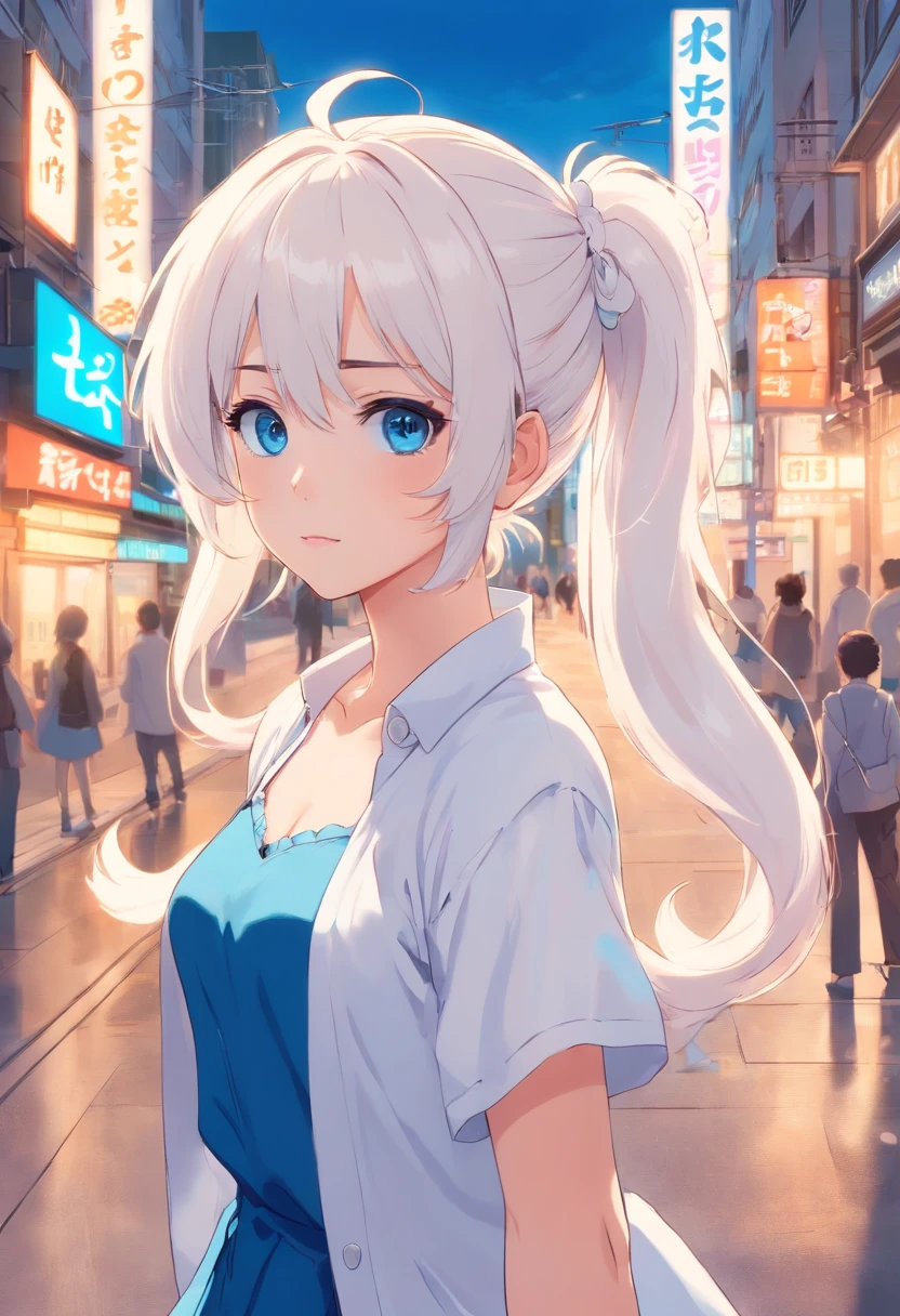 White color hair，Double ponytail curls，blue color eyes，White ta，Beth，A bustling city street