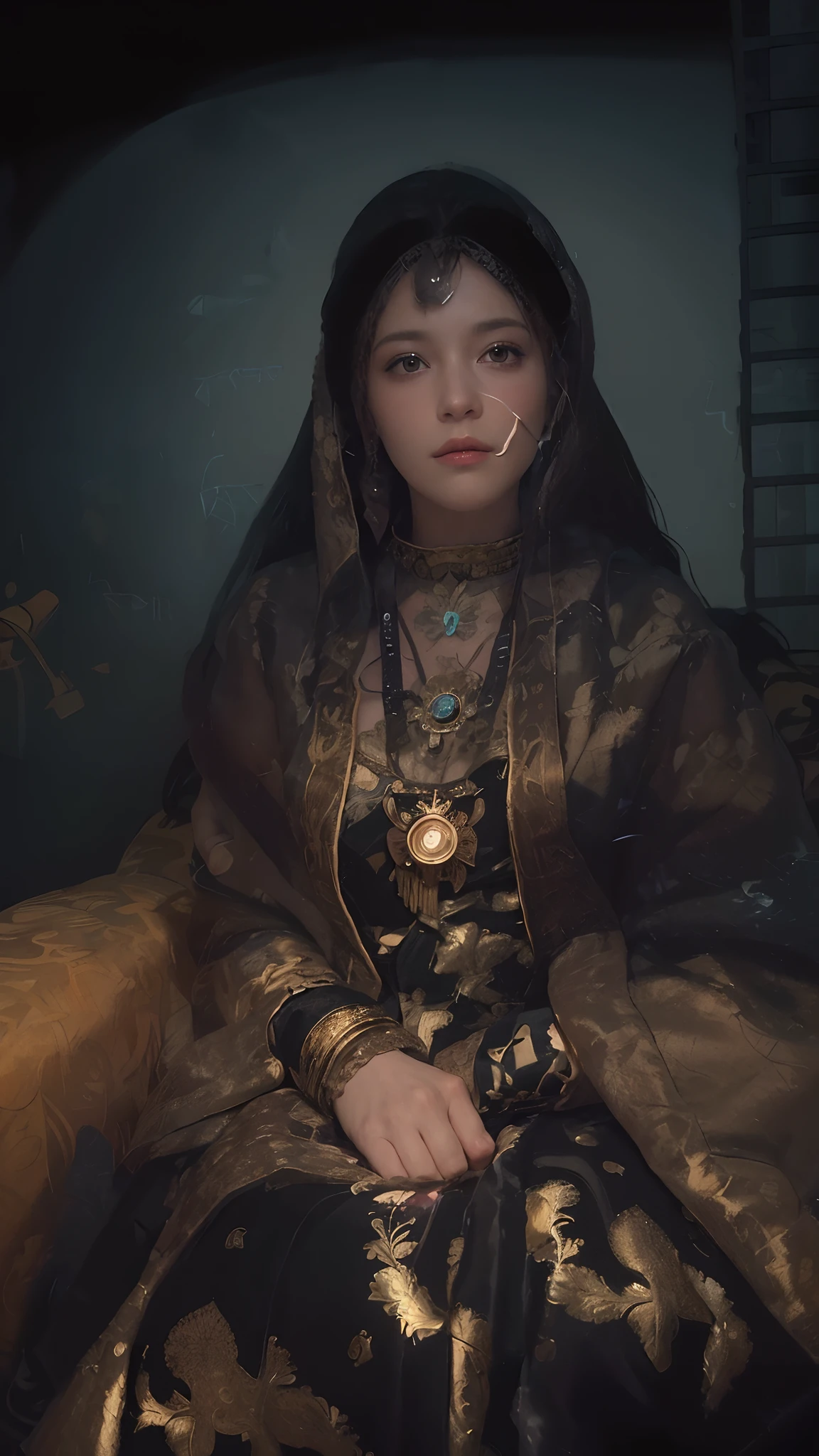 Castlevania Lord of the Shadows hyper realistic super detailed Dynamic shot masterpiece cinematic scene scenes movie Epic Princess legendary bright eyes face Islamic portrait Beautiful dress covers the whole body very detailed Moroccan caftan covers chest Wearing the Moon behind moroccan islamic environment architecture background wide angle