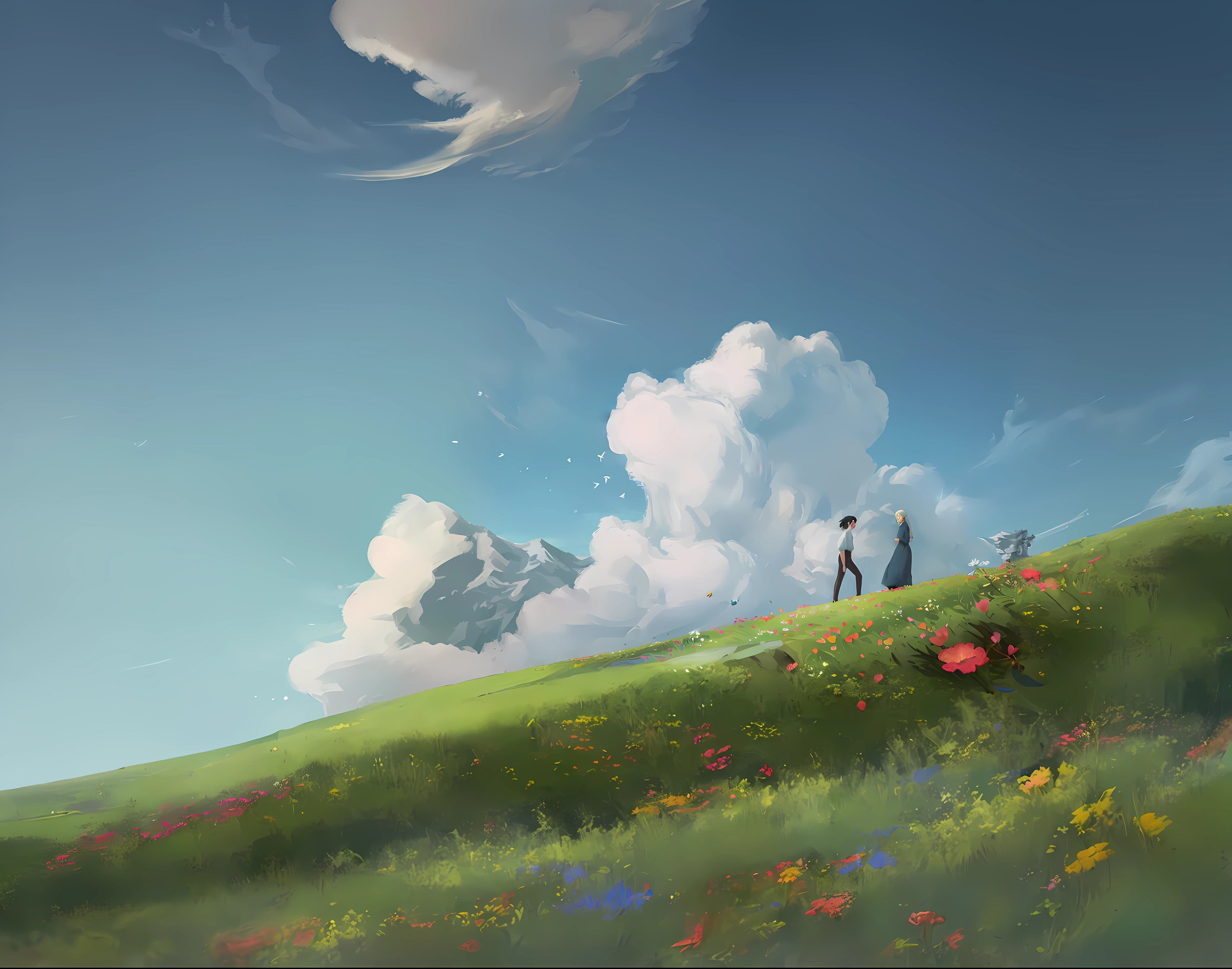 massive flower meadow and big anime clouds