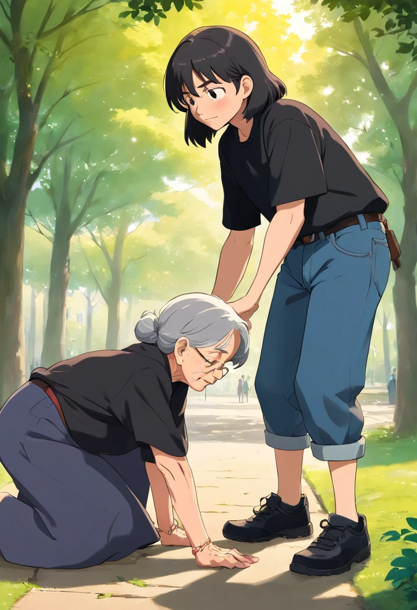a young man helps an old woman that fell on the ground to stand up , in the park , the young man is wearing black tshirt and jeans and have a black bownish hair , the old woman is wearing an black and gray uniform , Dutch Camera Angle , Long Shot
