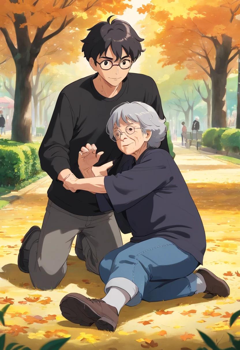 a young man helps an old woman that fell on the ground to stand up , in the park , the young man is wearing black tshirt and jeans and have a black bownish hair , the old woman is wearing an black and gray uniform , Dutch Camera Angle , Long Shot
