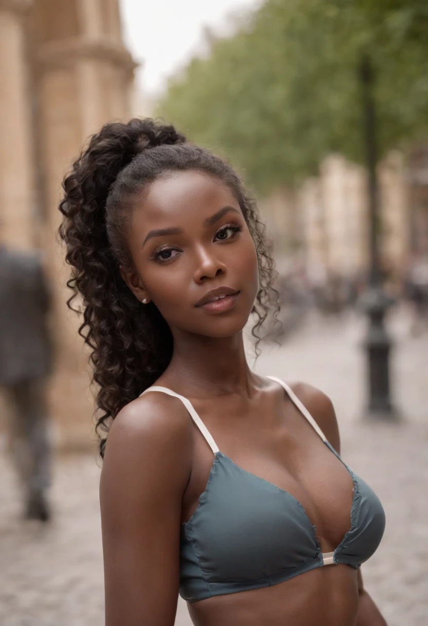 ((Dark African skin, Very deep ebony skin)), ((Its beauty is undeniable)), ((Excited cute face)), ((Hyper detailed perfect eyes,)), ((Pose mignonne)), ((Langue sortie)), ((Seductive )), sexy, (( Tight mesh shirt with holes *some breast visible*), shorts courts sexy)), ((African long curly hair afro ponytail,)), (( peau)), ((debout, Vue de face)), ((toucher ses propres jambes dans une pose sexy)), ((dehors, Ville publique)), Sharp Focus CGI, photoreallistic, High detail, Realstic, Masterpiece, absurdes, Best quality, Hdr, High quality, high-definition, Extremely detailed, 8k wallpaper, Intricate details, 8K UHD, Full-HD, (photo realist:1.2), contraste, intense illumination, lighting cinematic, natural lighting, hard light, contre-jour, Illumination globale, occlusion ambiante