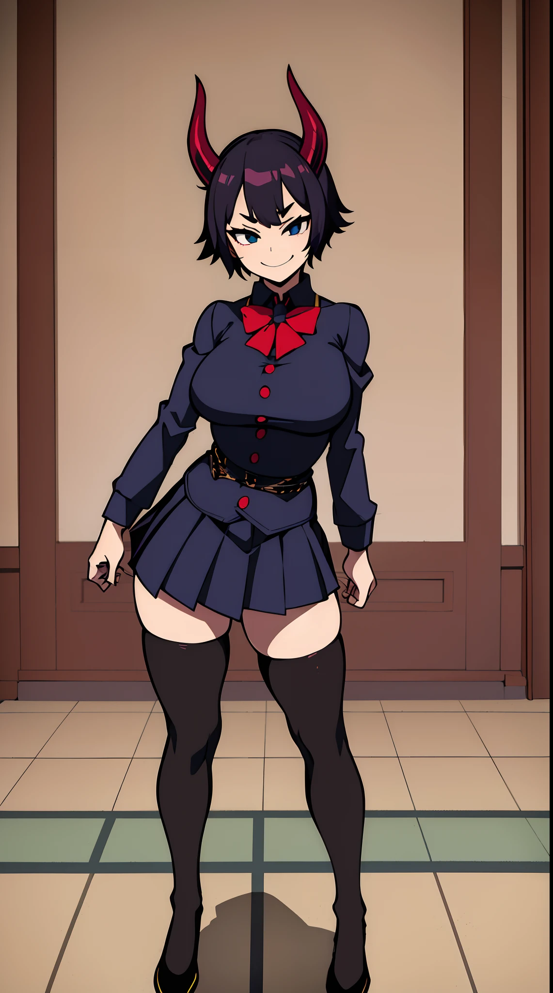 (masterpiece), best quality, 1girl, solo, demon girl, oni horns, ite girl,big breasts, black hair, short hair, pleated skirt, thigh high socks, smug smile