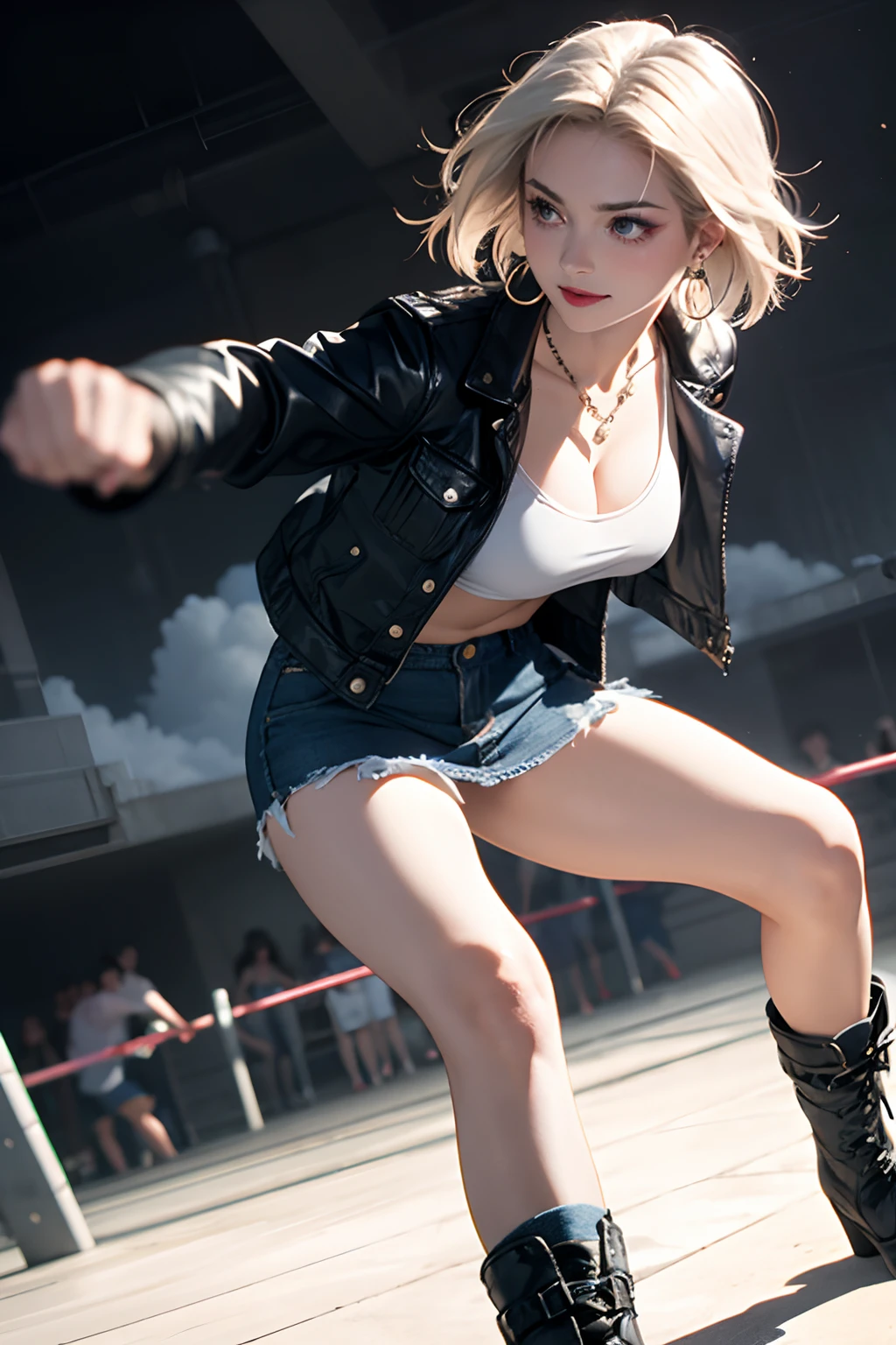 1girl in, Solo, Android 18, Silver blonde hair, Blue eyes, Short hair, Jewelry, earrings, Smile, Jacket, Looking to the side, denim, Denim jacket, Upper body, makeup、cloud, skyporn, day, Looking away, Blue sky, 鎖骨, Leather Mini Skirt、Amitant、Full body painting of boots、 very Bigger breasts,busty figure, fleshy feeling, Sweat profusely, perfect detail, High-resolution fine textures, depth of field effect, Vivid lighting effects, lightand shade contrast, Ray tracing and flare effects, Best texture, A futuristic, (((fighting poses)))、Abrasions on the fists