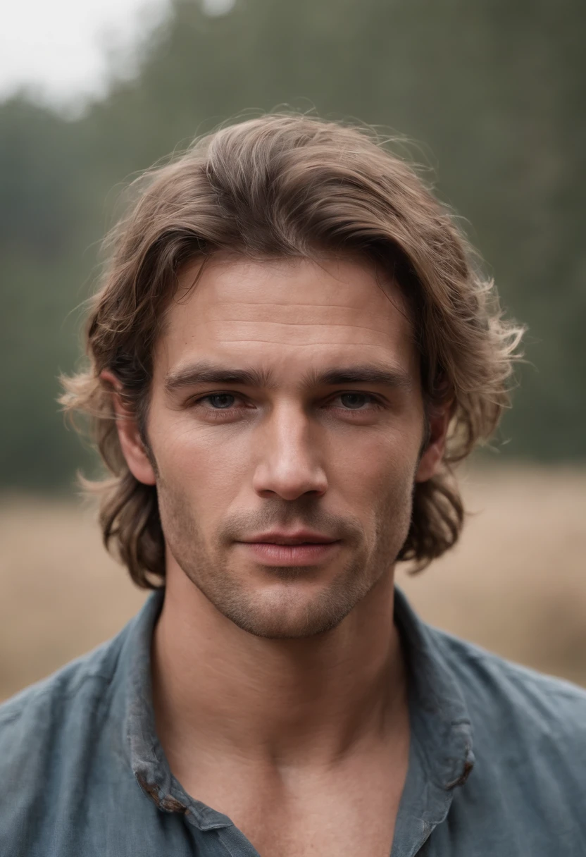 A handsome (American) peasant, mature man, charming, muddy, dirty, messy hair, raunchy outfit, provocative portrait, perfect face, (homoerotic:1.2), tall and burly, toned body, absurd textures details and quality