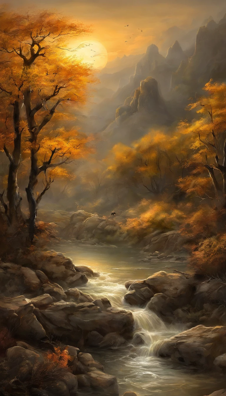 (Small bridges and flowing water,Ancient road west wind thin horse,Sunset,Broken intestines are at the end of the world)(An ancient trail leads into the distance),(Stone arch bridge:1.2),A small river,The river meanders into the distance,(The sky is windy,Fluttering yellow leaves),(A skinny white horse:1.2),(The vista is the setting sun),(The afterglow of the setting sun shines through the clouds),(Autumn tones),(Ancient Chinese landscape painting style),(Masterpiece),(A complete painting),(Extremely detailed picture),(light and shadow effect),(Movie lighting),(cinema4d),(Light particle tracing),(rendering by octane),(Unreal 5),(Layered artistic effects),(Best Painting),(Master painting),(8K分辨率),photorealestic,realisticlying @Ray