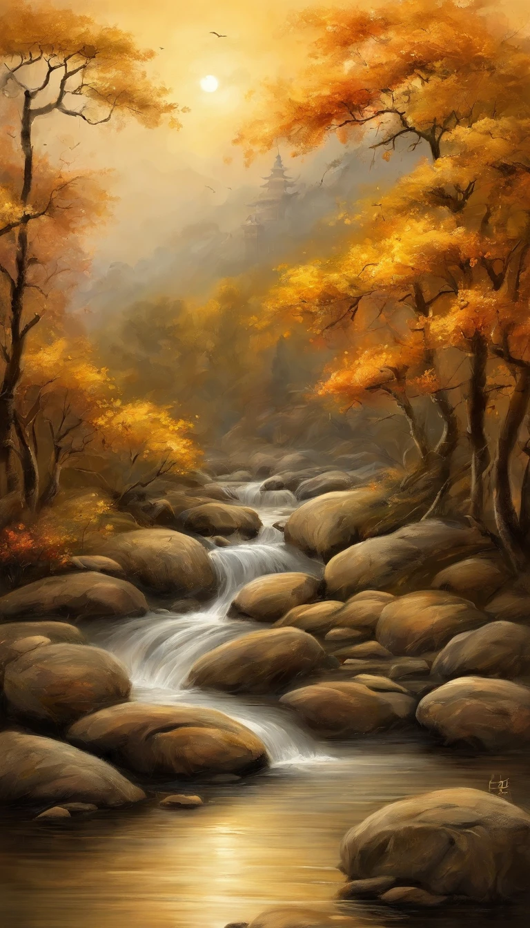 （Small bridges and flowing water，Ancient road west wind thin horse，Sunset，Broken intestines are at the end of the world）（An ancient trail leads into the distance），（Stone arch bridge:1.2),A small river，The river meanders into the distance，（The sky is windy，Fluttering yellow leaves），（A skinny white horse:1.2），（The vista is the setting sun），（The afterglow of the setting sun shines through the clouds），（Autumn tones），（Ancient Chinese landscape painting style），（Masterpiece），（A complete painting），（Extremely detailed picture），（light and shadow effect），（Movie lighting），（cinema4d），（Light particle tracing），（rendering by octane），（Unreal 5），（Layered artistic effects），（Best Painting），（Master painting），（8K分辨率），photorealestic，realisticlying @Ray