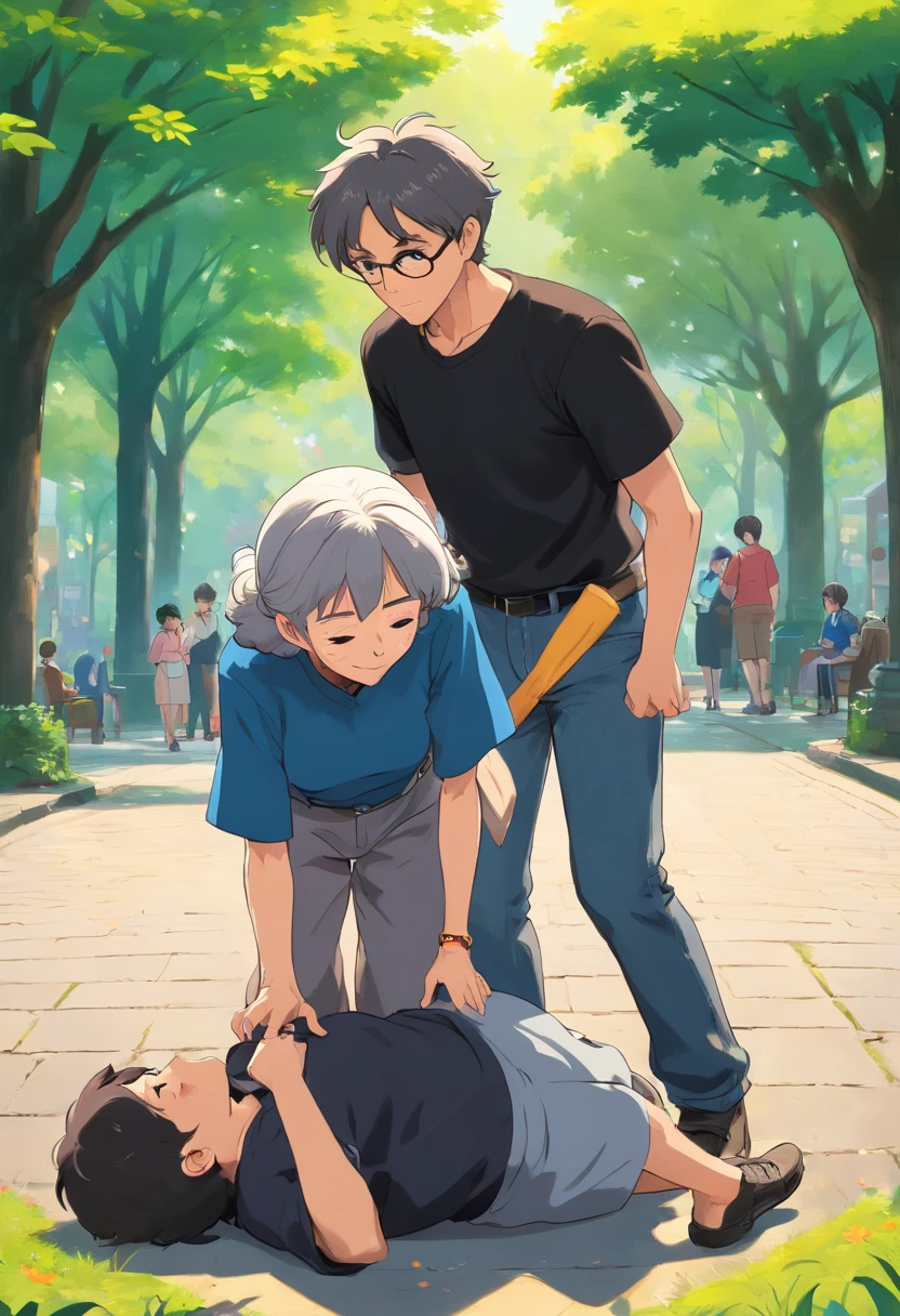 a young man helps an old woman that fell on the ground to stand up , in the park , the young man is wearing black tshirt and jeans and have a black bownish hair , the old woman is wearing an black and gray uniform , Dutch Camera Angle , Long Shot