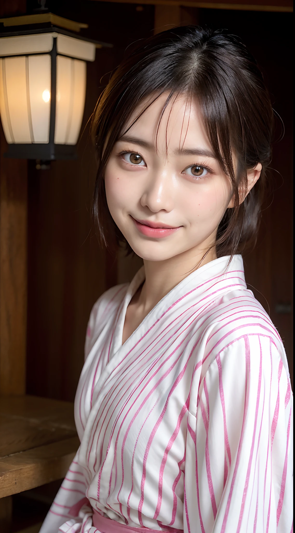 (natta:1.7), East Asian Architecture, 1womanl, sixteen years old、Beautiful shiny straight semi-long、Beautiful fingers,Beautiful long legs,Beauty Body,Cute nose,Beautiful character design,perfect eyes,face perfect,looking at viewert,(Innocent_Big_Eyes:1.0),(light_Smile:0.3),offcial art,ighly detailed ,(tmasterpiece:1.0),(best_quality:1.0), 超A high resolution,4K,ultra - detailed, photography of, 8K, nffsw, hight resolution, the background is blurred, (Beautiful_Face:1.5),(8K,Raw photo, 、Relax at a ryokan in Japan、The background is an ordinary inn(Depict the inside of the room more widely:1.2)(Girls are not subjects:1.3) (Hair after a bath:1.3)), ((There is a large Japan garden outside the inn...............................:1.3),((Girl is outdoors in beautiful Japan garden at night:1.3))((The main character is Japan garden))(((Girl in a yukata at an inn、Walk the aisles of the night inn:1.3)),((On the right is a beautiful Japan garden lit up......................:1.3))((Rock garden of Kyoto Ryoanji Temple:1.3))((Full body like:1.3))(((No need for a Korean yukata or Korean-style hairstyle.:1.9)))((Yukata does not need gloss at all..:1.8))),(((faithfully, Realistic and accurate depiction of a purely Japan yukata、reproduction:1.5)))((White and light blue stripes:1.7)),((Light Pink Band))((A slight smile:1.3))