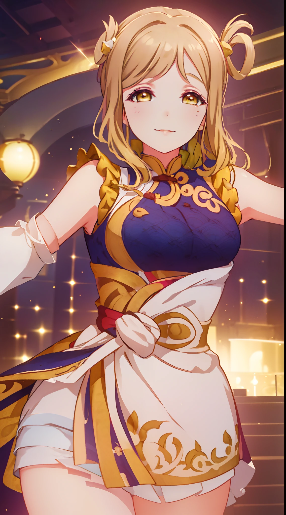 ((masterpiece,best quality,8k, Masterpiece, Best Quality,Detailed, Beautiful Detailed Eyes,)),Wanwan ML outfit, Mari Ohara face, Mari Ohara hair,solo, smiling, looking at viewer, cowboy shot, cinematic composition, dynamic pose,blonde hair