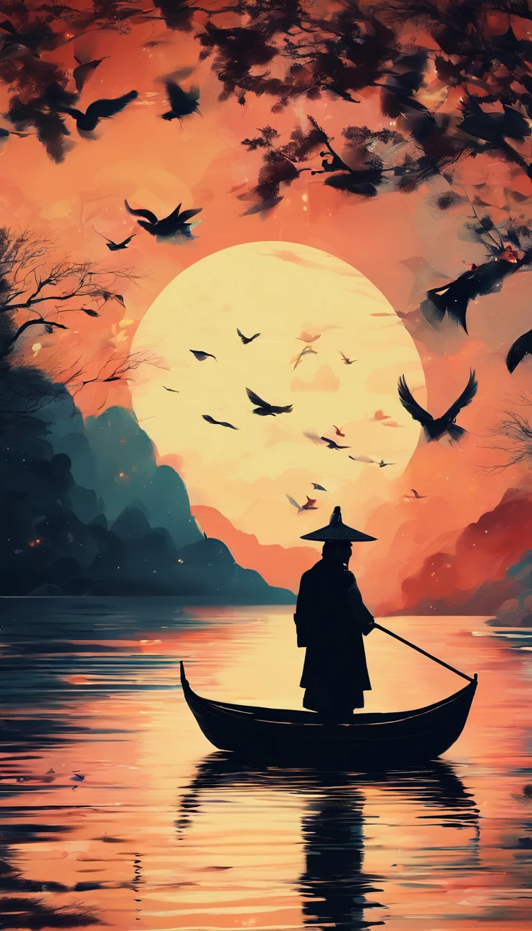 A thousand birds fly，Ten thousand paths disappeared。Lonely boats，Fishing alone in the cold river snow。 （【Translation】 You don't see a single bird in the mountains，The tracks of thousands of people were cut off。On the lonely boat is an old man in a cloak，Fishing alone against the wind and snow），（A small boat on the water），（An old man sits in a small boat fishing），Inspired by the creators：《Jiang Xue》Yanagi Zongyuan，Ray，（light and shadow effect）,（vivd colour）,（Color splattering）,（Obvious layers）,（Ink painting style:1.2）,（Photography Award）,（8k wallpaper）,（Masterpiece）,（best qualtiy）,（There is a full moon in the night sky），（Moonlight sprinkles on the water），Autumn tones，There was a wind blowing，（Side lighting ），（cinema4d），（Movie lighting），（Depth of field effect），（Unreal 5），（tmasterpiece），（8K分辨率），photorealestic，realisticlying