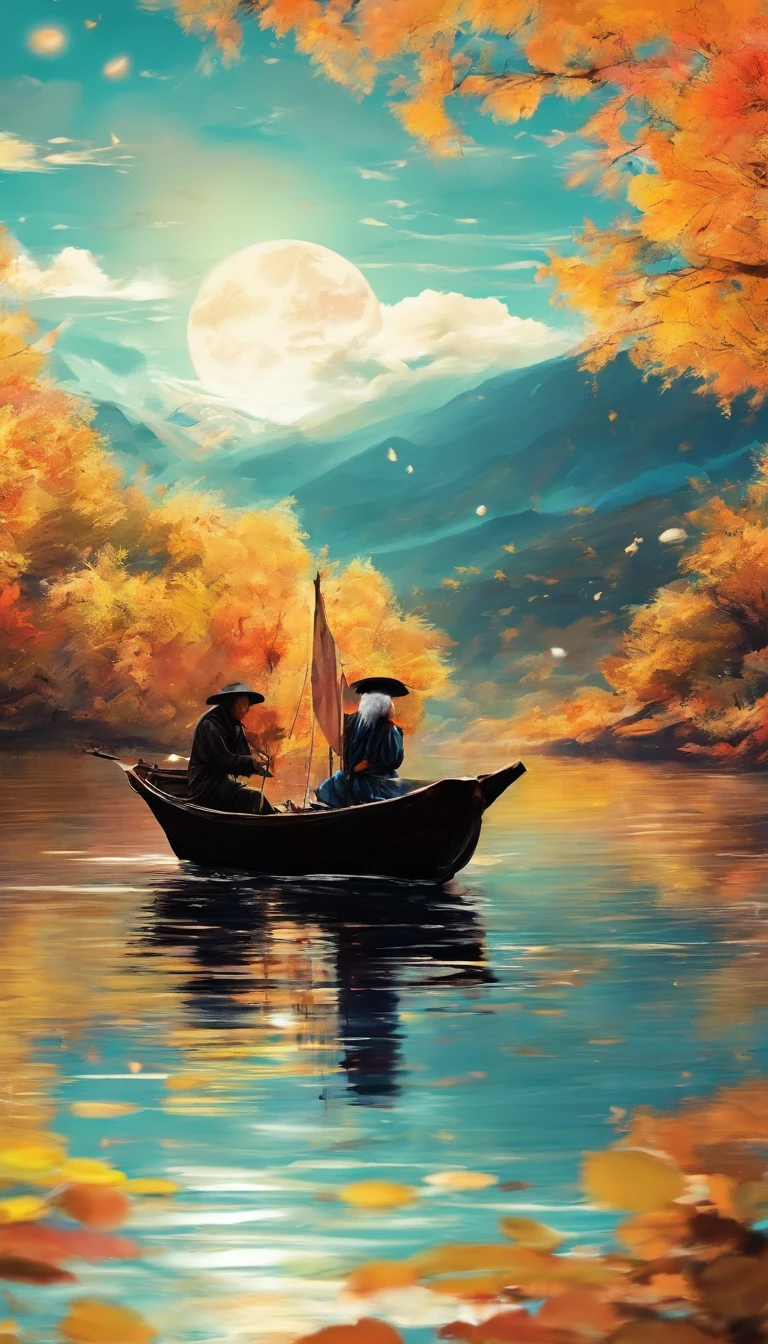 A thousand birds fly,Ten thousand paths disappeared。Lonely boats,Fishing alone in the cold river snow。 (【Translation】 You don't see a single bird in the mountains,The tracks of thousands of people were cut off。On the lonely boat is an old man in a cloak,Fishing alone against the wind and snow),(A small boat on the water),(An old man sits in a small boat fishing),Inspired by the creators:《Jiang Xue》Yanagi Zongyuan,Ray,(light and shadow effect),(vivd colour),(Color splattering),(Obvious layers),(Ink painting style:1.2),(Photography Award),(8k wallpaper),(Masterpiece),(best qualtiy),(There is a full moon in the night sky),(Moonlight sprinkles on the water),Autumn tones,There was a wind blowing,(Side lighting ),(cinema4d),(Movie lighting),(Depth of field effect),(Unreal 5),(tmasterpiece),(8K分辨率),photorealestic,realisticlying