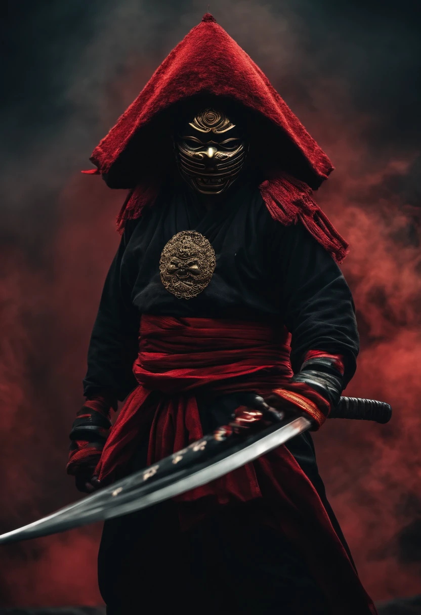 a ninja with a Japanese oni mask, com uma roupa preta, menacingly