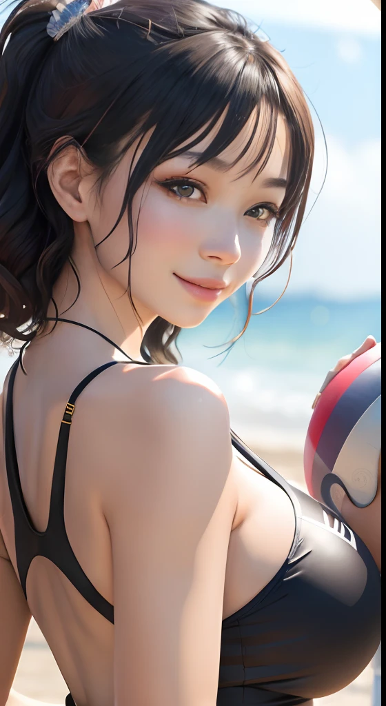 (4k、highest quality)、(realistic、Photoreal)、(Yakian)、
three girls、whole body、(face to viewer)、
perfect hands、look up_in_viewer、
white shirt、
家の外in、sandy beach、detailed face、a little chubby、best smile、Light brown ponytail hair,(huge breasts, cleavage:1.2),(gold micro bikini:1.3), (camel toe),35 years old、Nogizaka Idol、actress、korean idol、fiery idol pose,put your arms behind your back,raise both arms,(Digression)