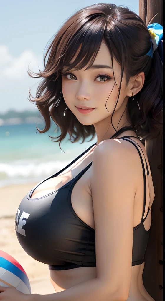 realisticlying，Female, 20 years old.Bikini Wearing，young breasts with upturned nipple tension,,,,,，Cleavage emphasis，Face Real，A sexy，Sunset on the coast